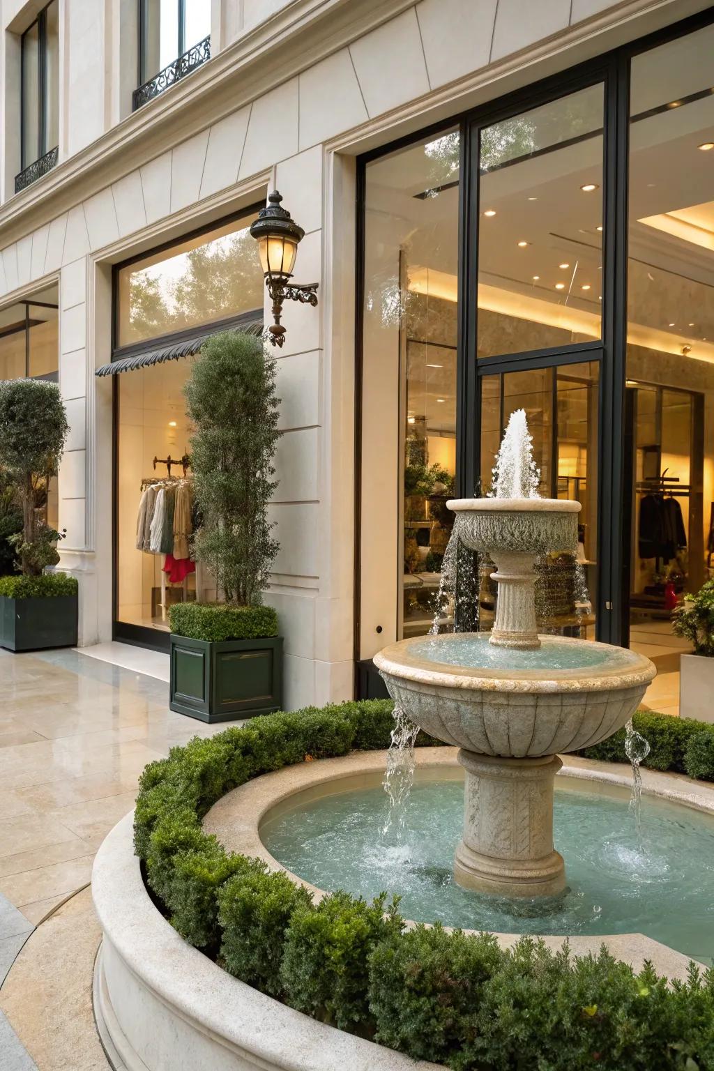 A shop front enhanced by a diminutive fountain, contributing serenity and elegance.