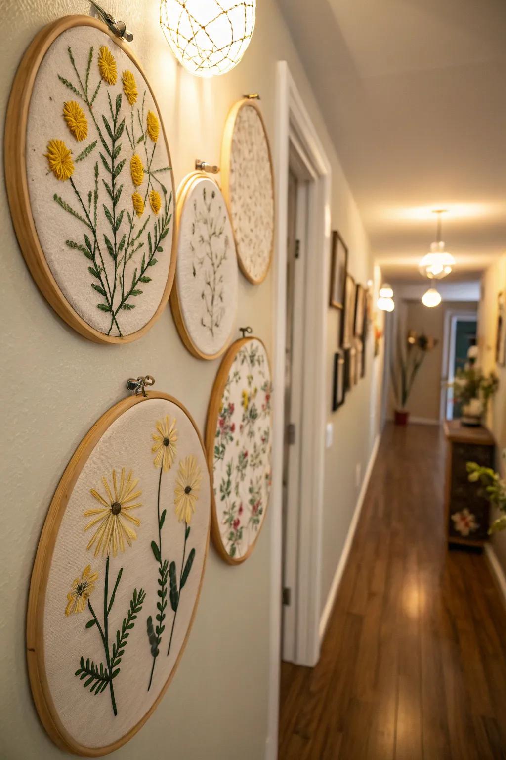 Embroidery art brings handmade charm.