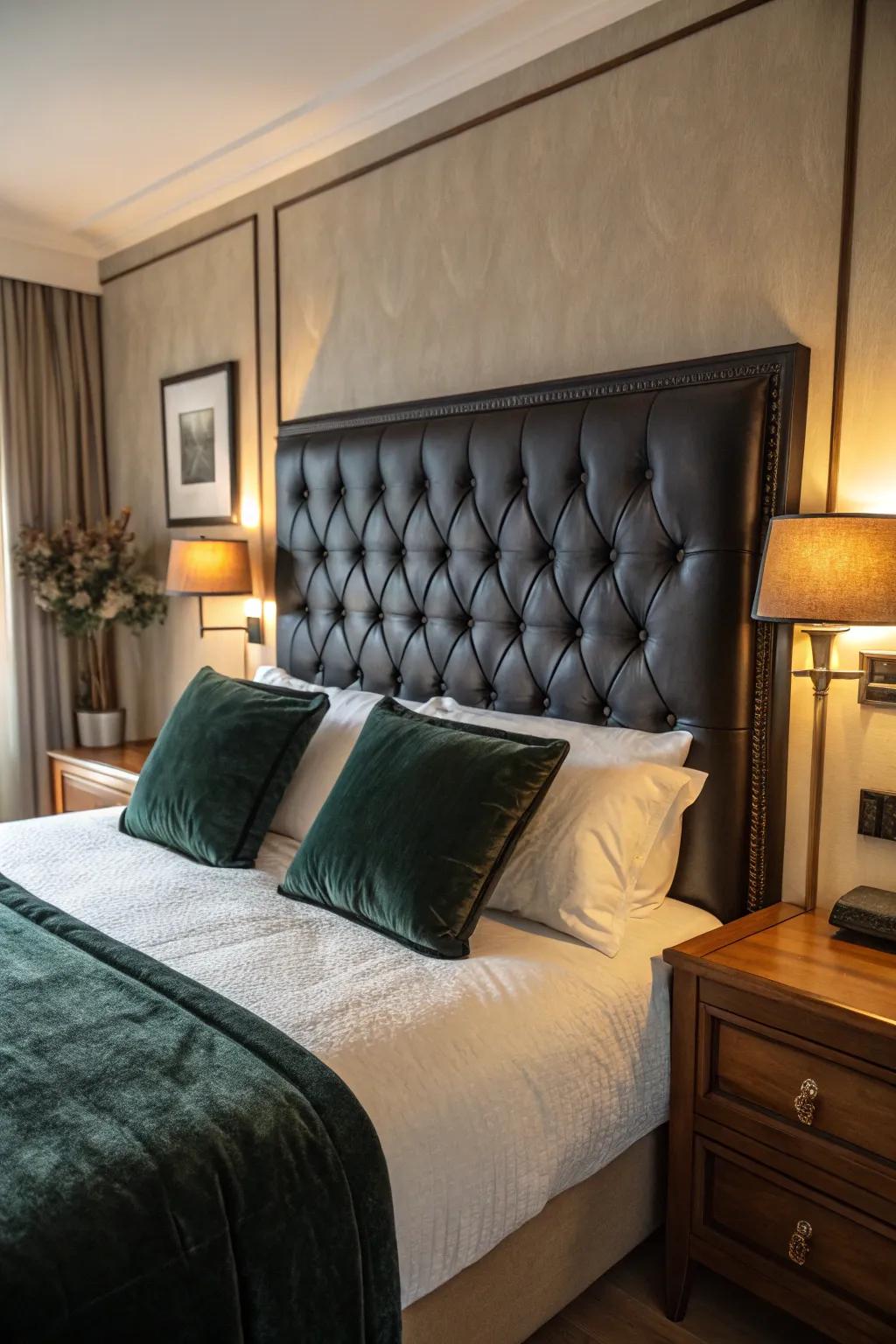 A charcoal leather headboard adds sophistication to the room.