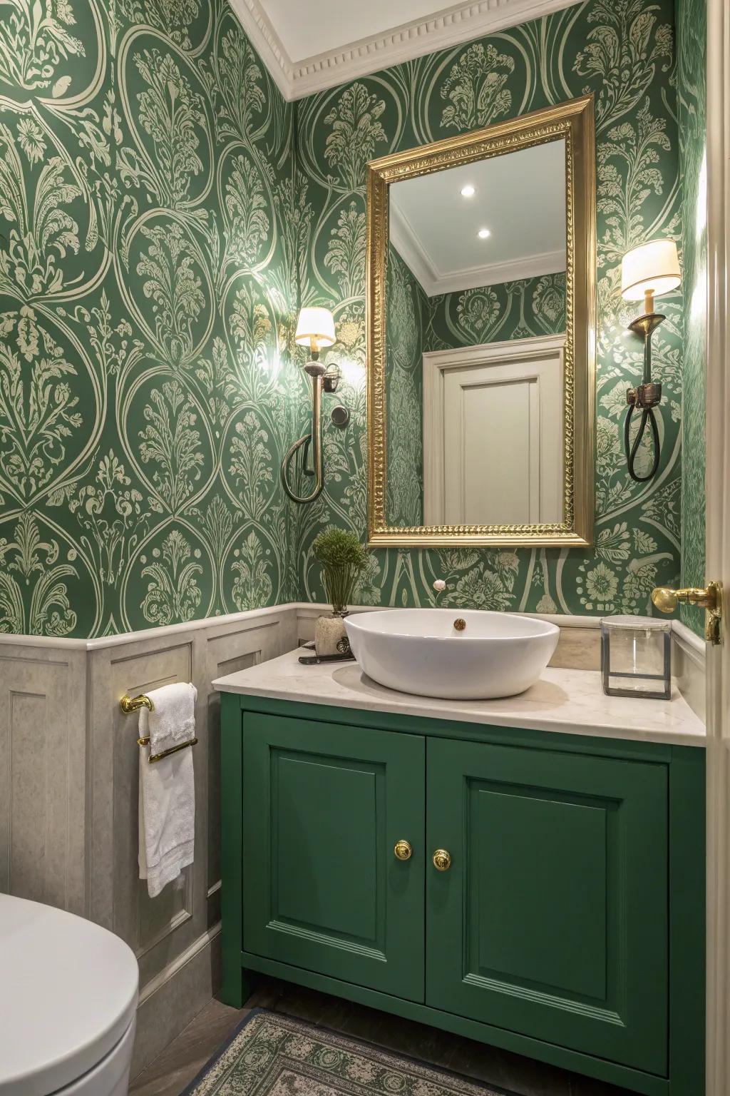 Detailed green wall covering adds texture and sophistication.