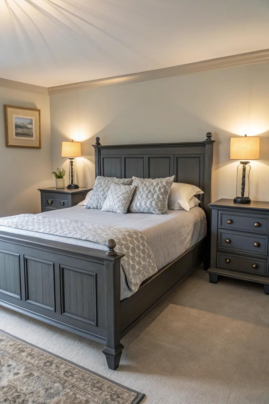 Symmetry imparts balance and serenity to a grey-themed boudoir.