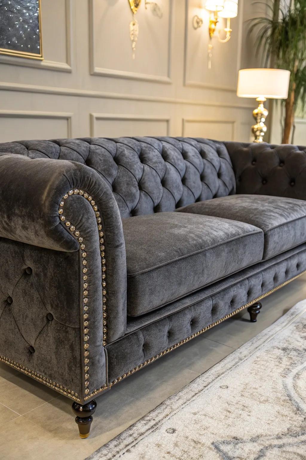 Satin upholstery injects allure and opulence into a grey loveseat.