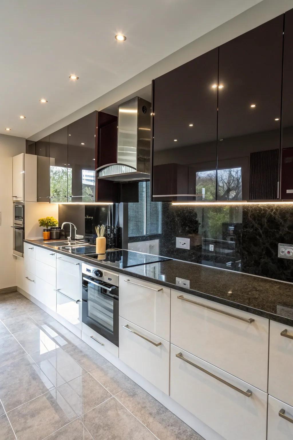 An elegant kitchen featuring a deep sheen backsplash to improve light and space.