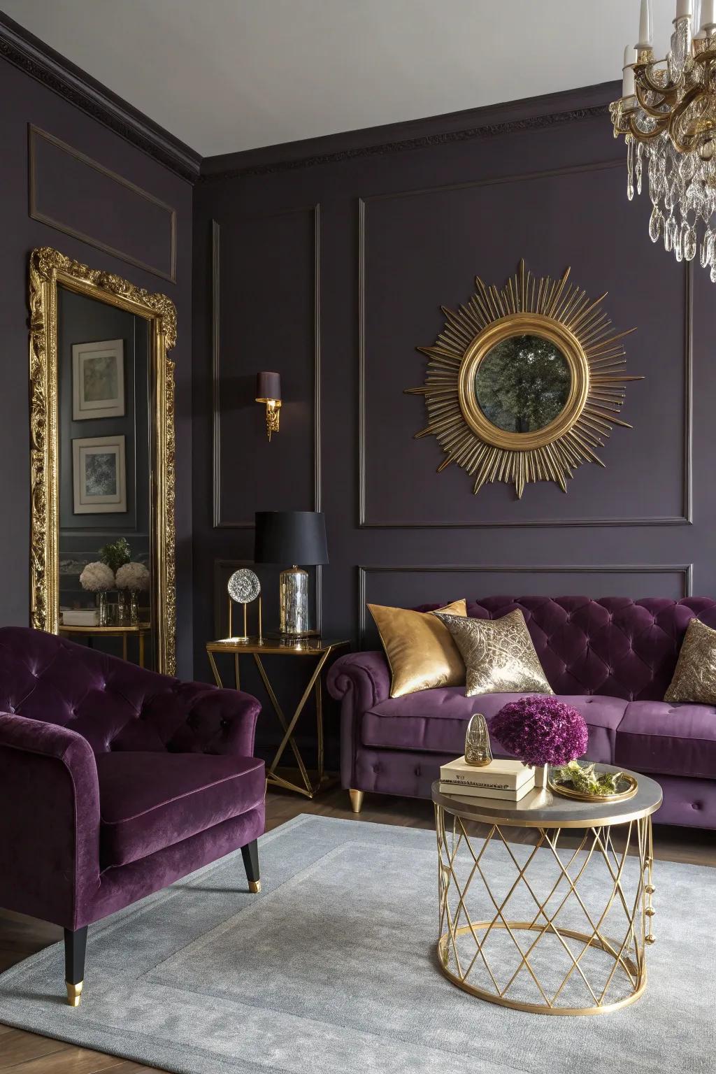 Gold metallic accents add glamour and sophistication to this deep violet living space.
