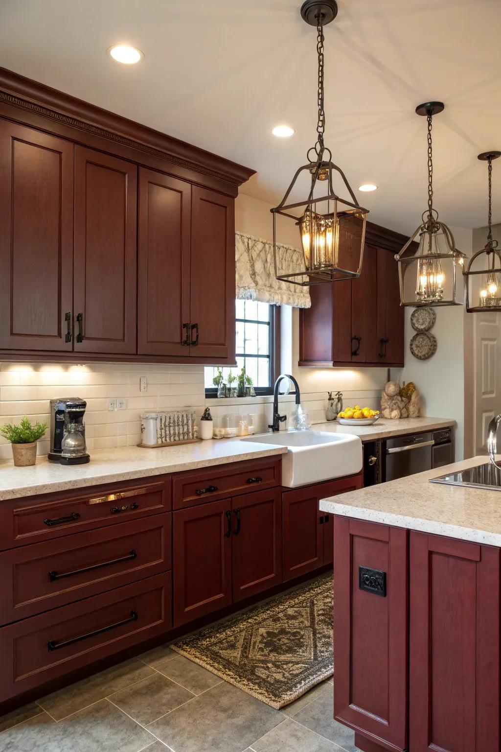 Charming kitchen with dark red cabinets and classic touches.