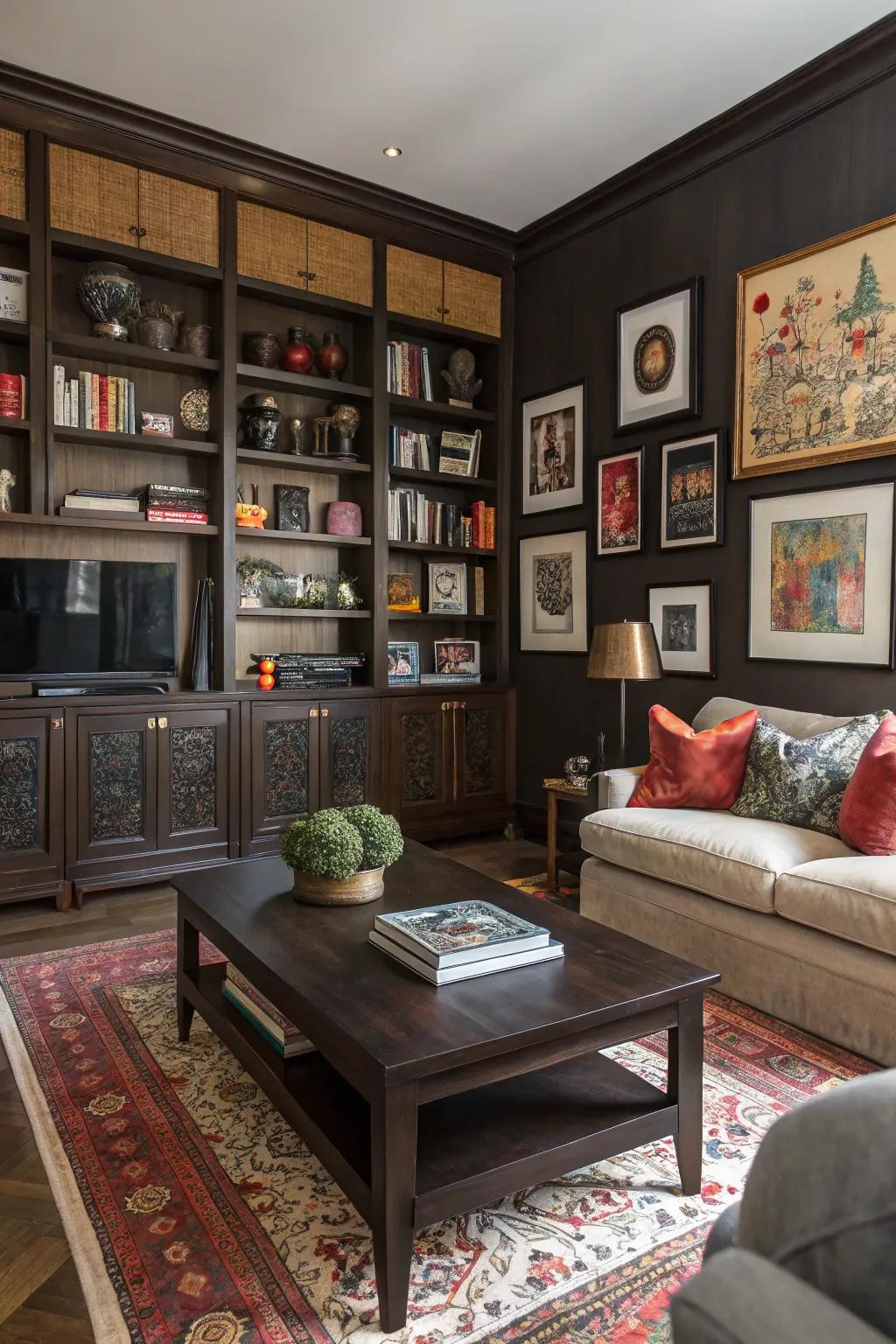 An eclectic blend of styles makes interiors featuring deep-toned timber intriguing.