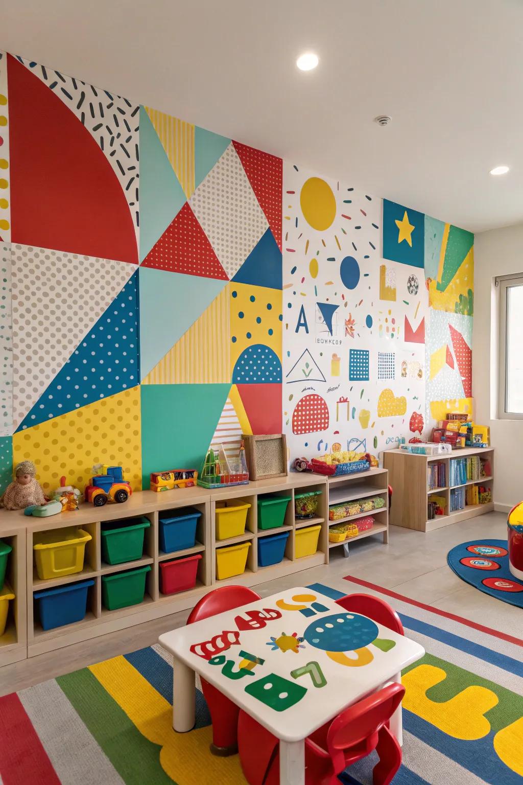 A vibrant daycare area with technicolor-themed wallcovering.
