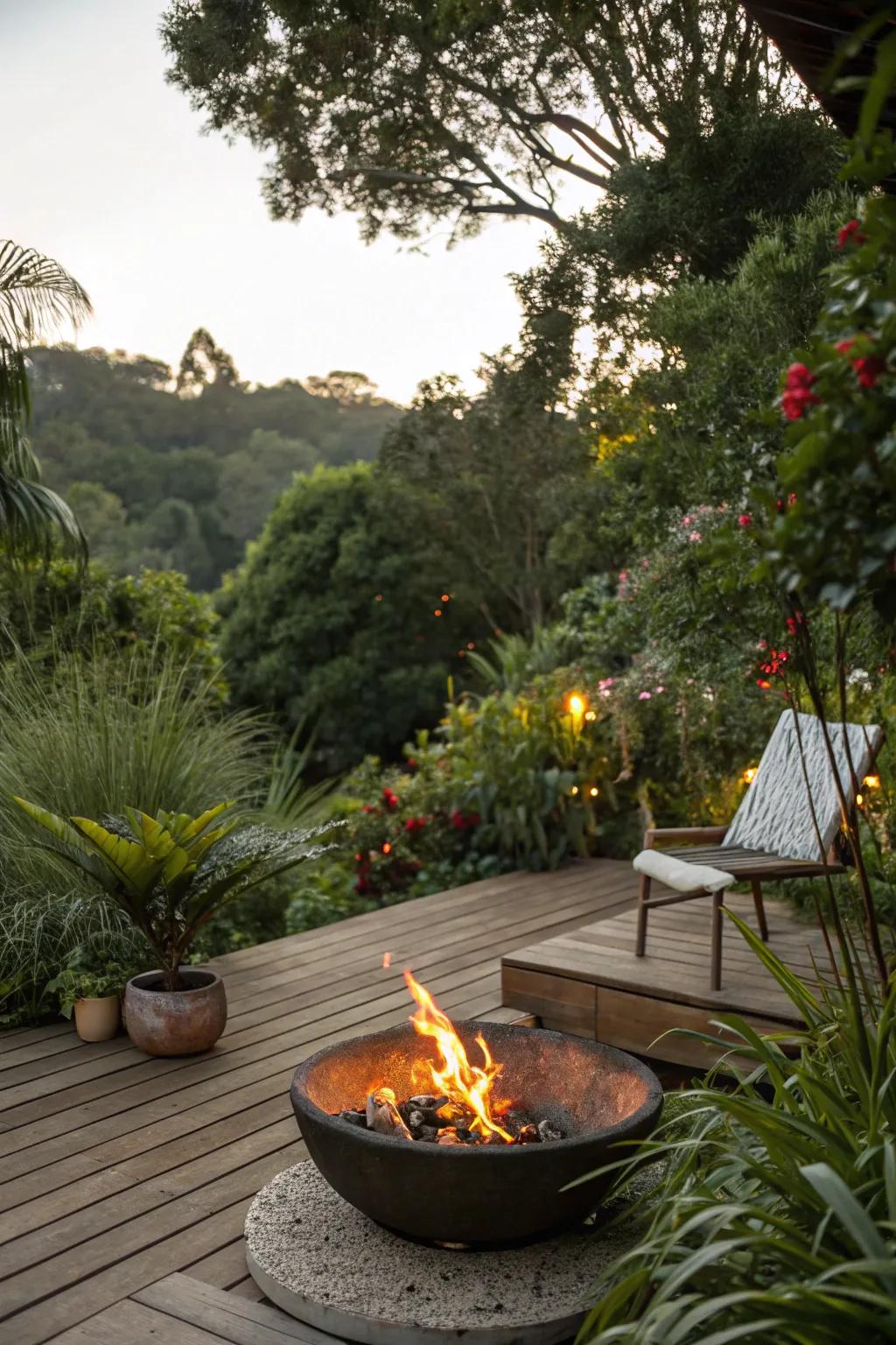 Enhance your patio’s natural appeal with a fire feature surrounded by greenery.