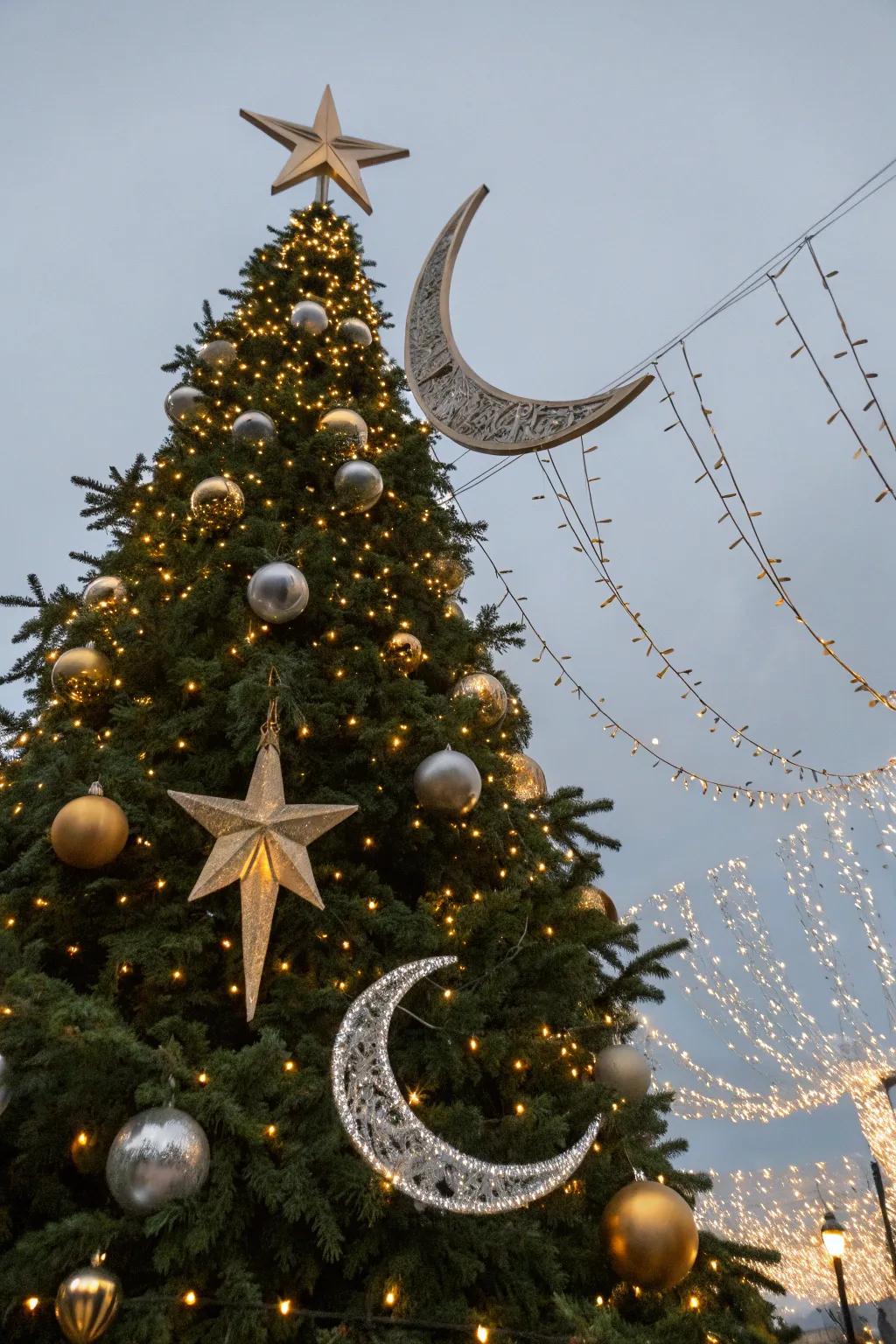 A heavenly splendor Yuletide tree using elegant lights and decorations.