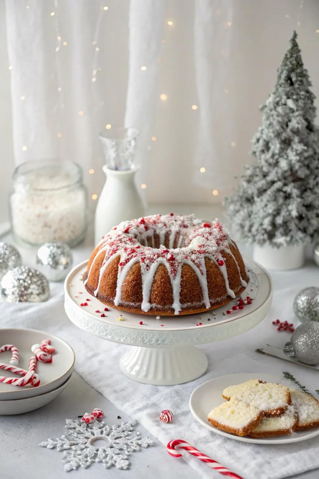 A bundt cake adorned with a festive candy cane topping.