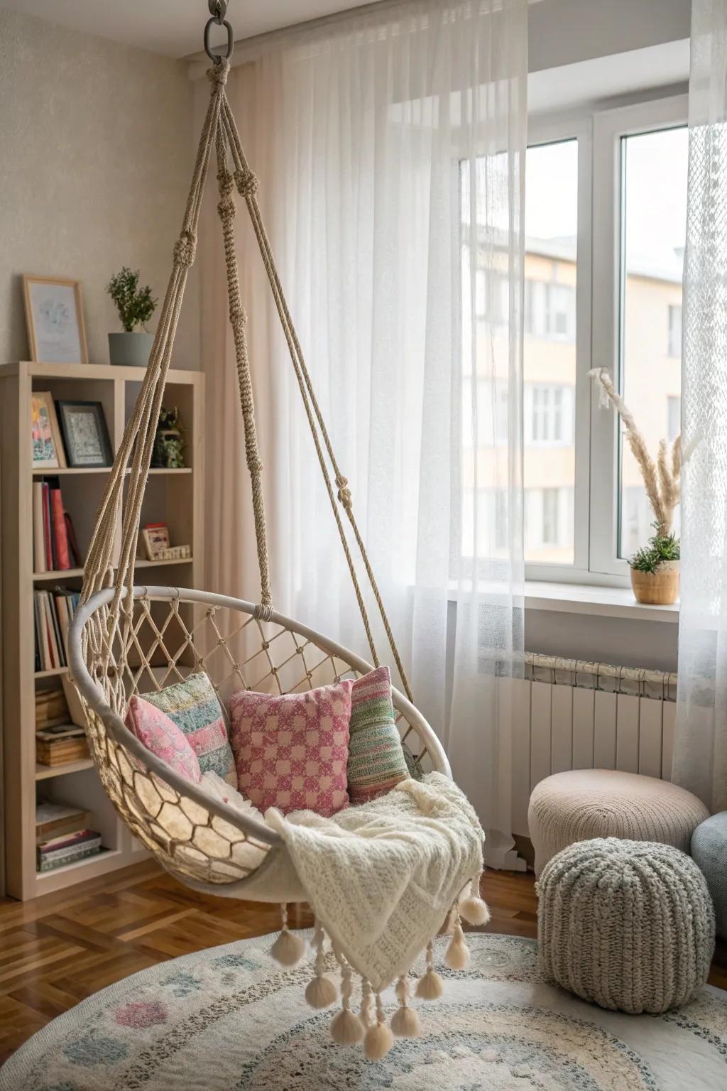 A hanging seat adds a whimsical and fun element.