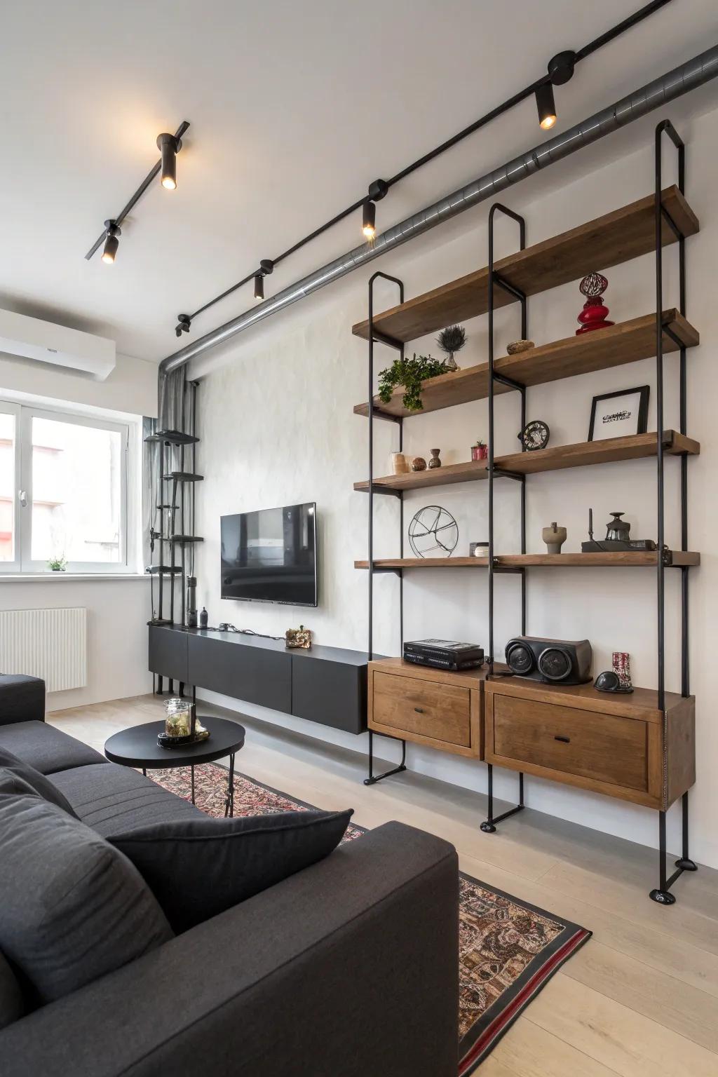 Suspended shelves integrate storage and style seamlessly.