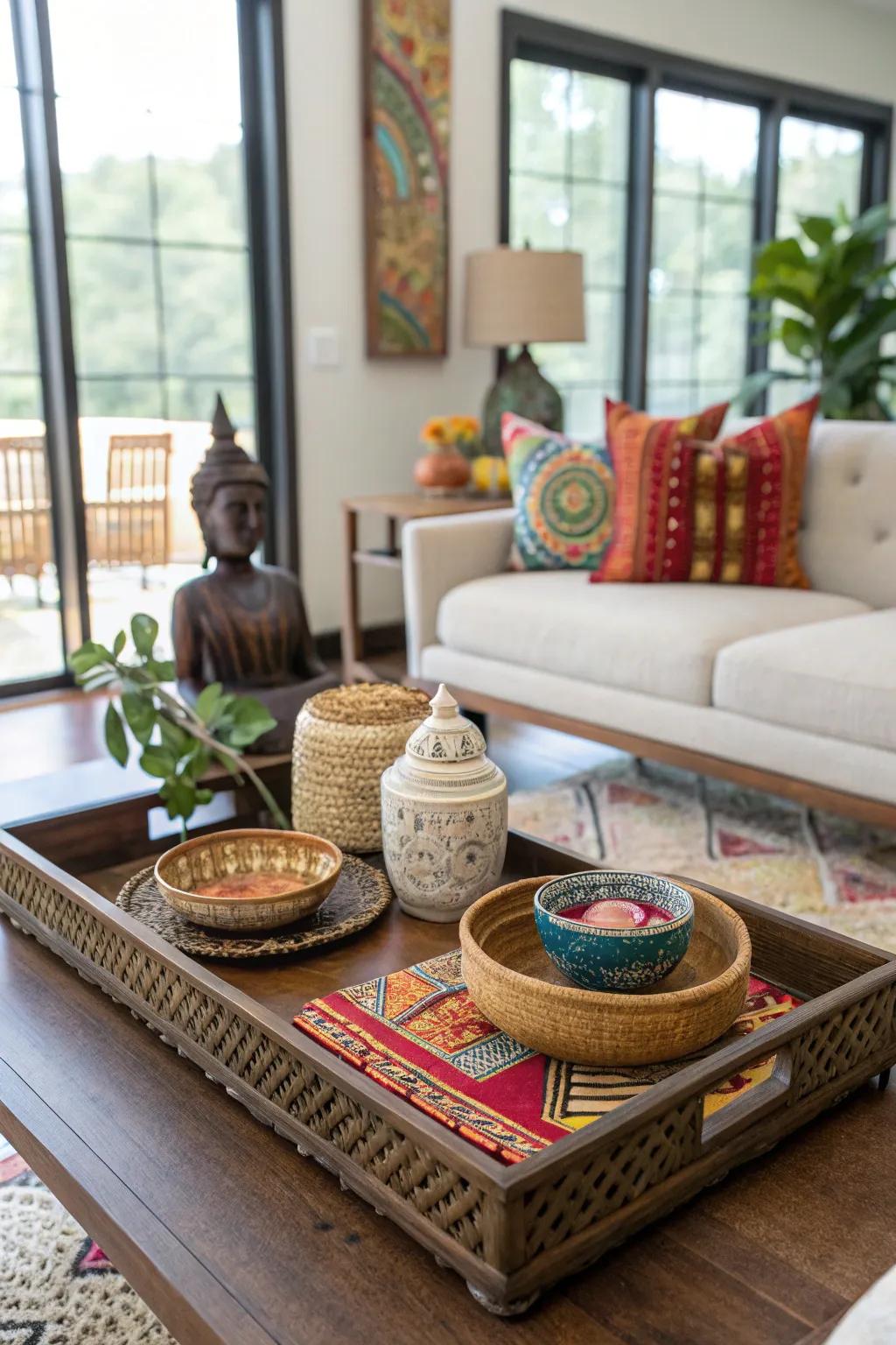 A worldwide impression using culturally diverse objects upon a serving board.