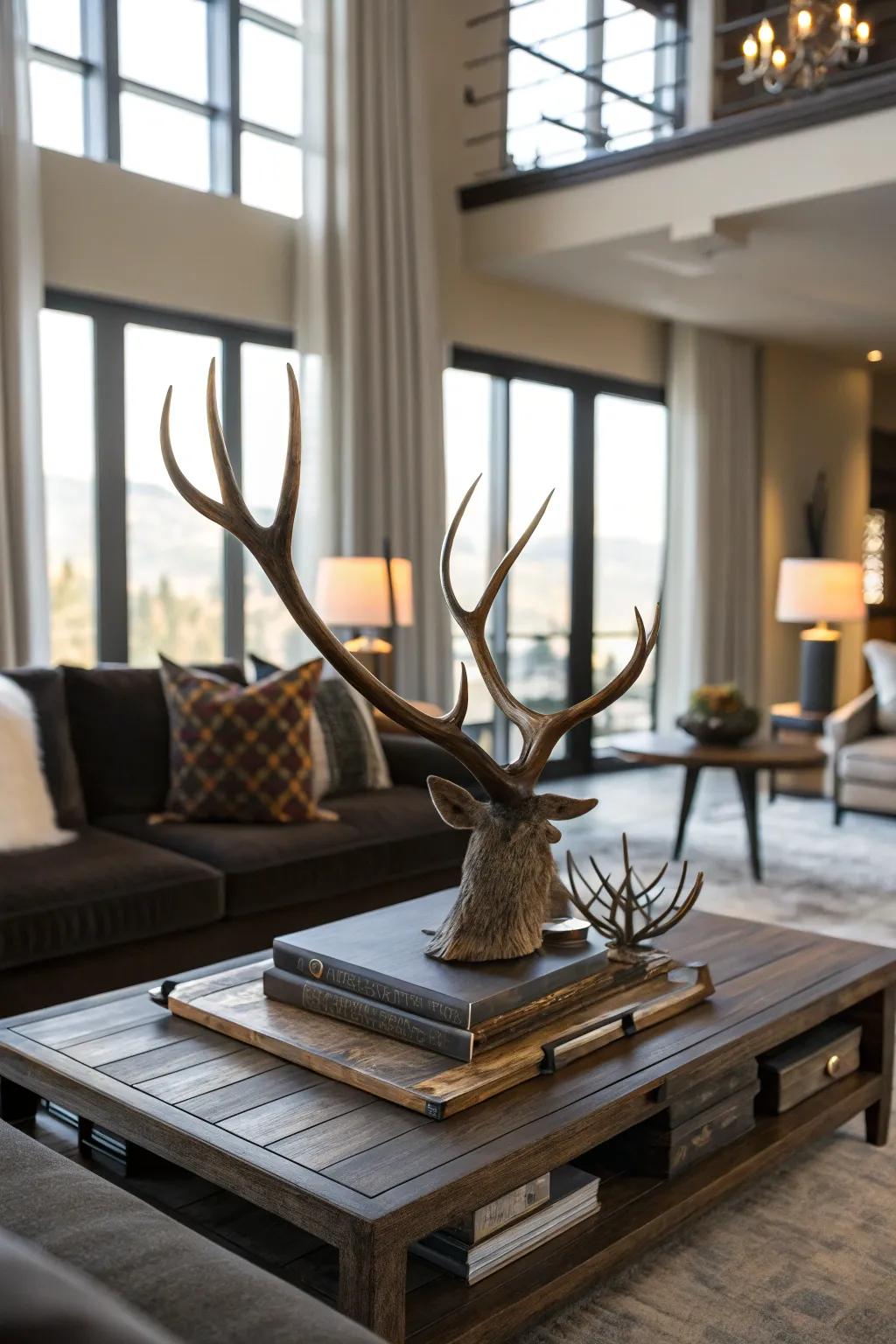 Deer antlers displayed on a table enrich the appeal of a chic living area arrangement.