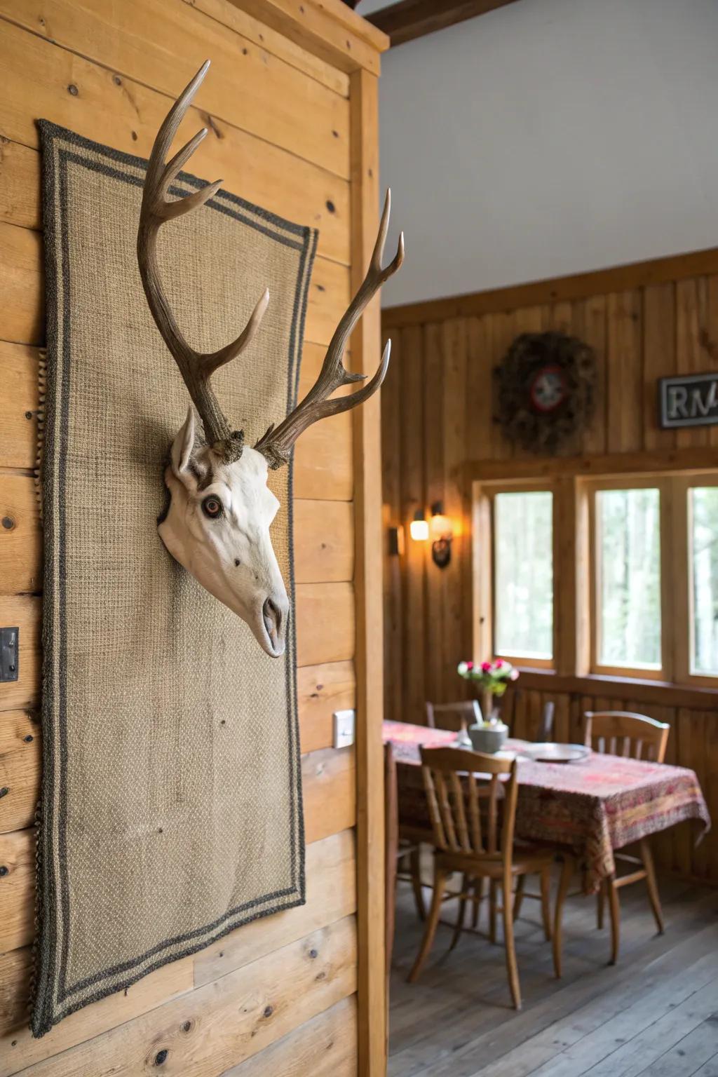 A textured textile backdrop incorporates country-style charm to a deer skull mount.