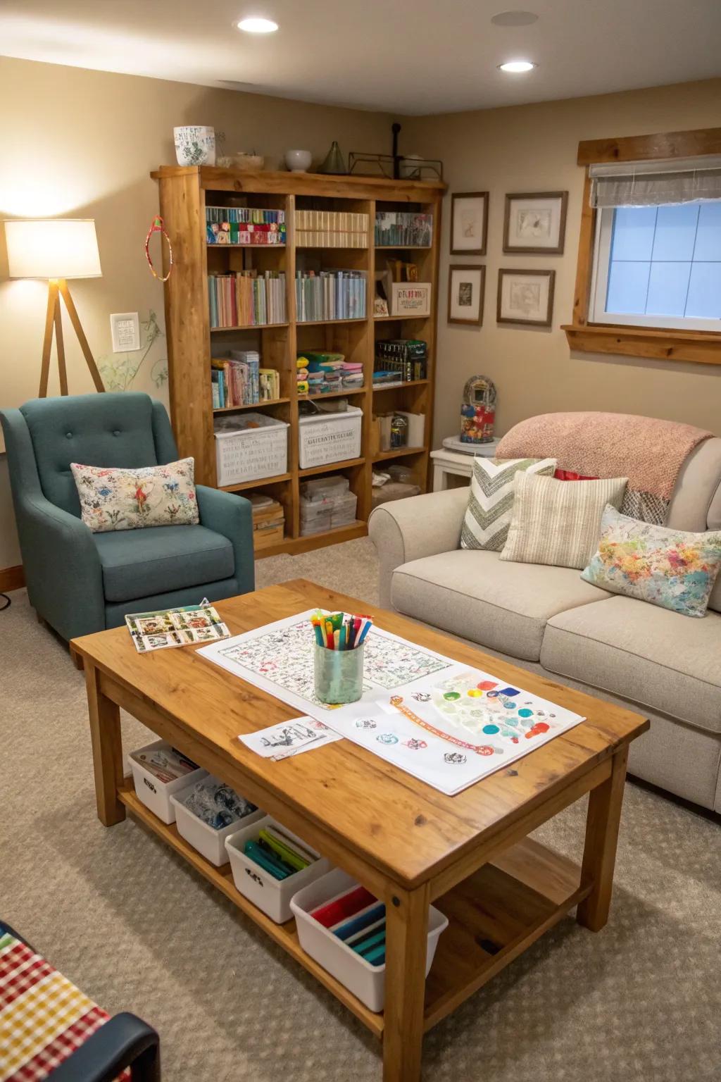 A craft room fosters creativity in the den.