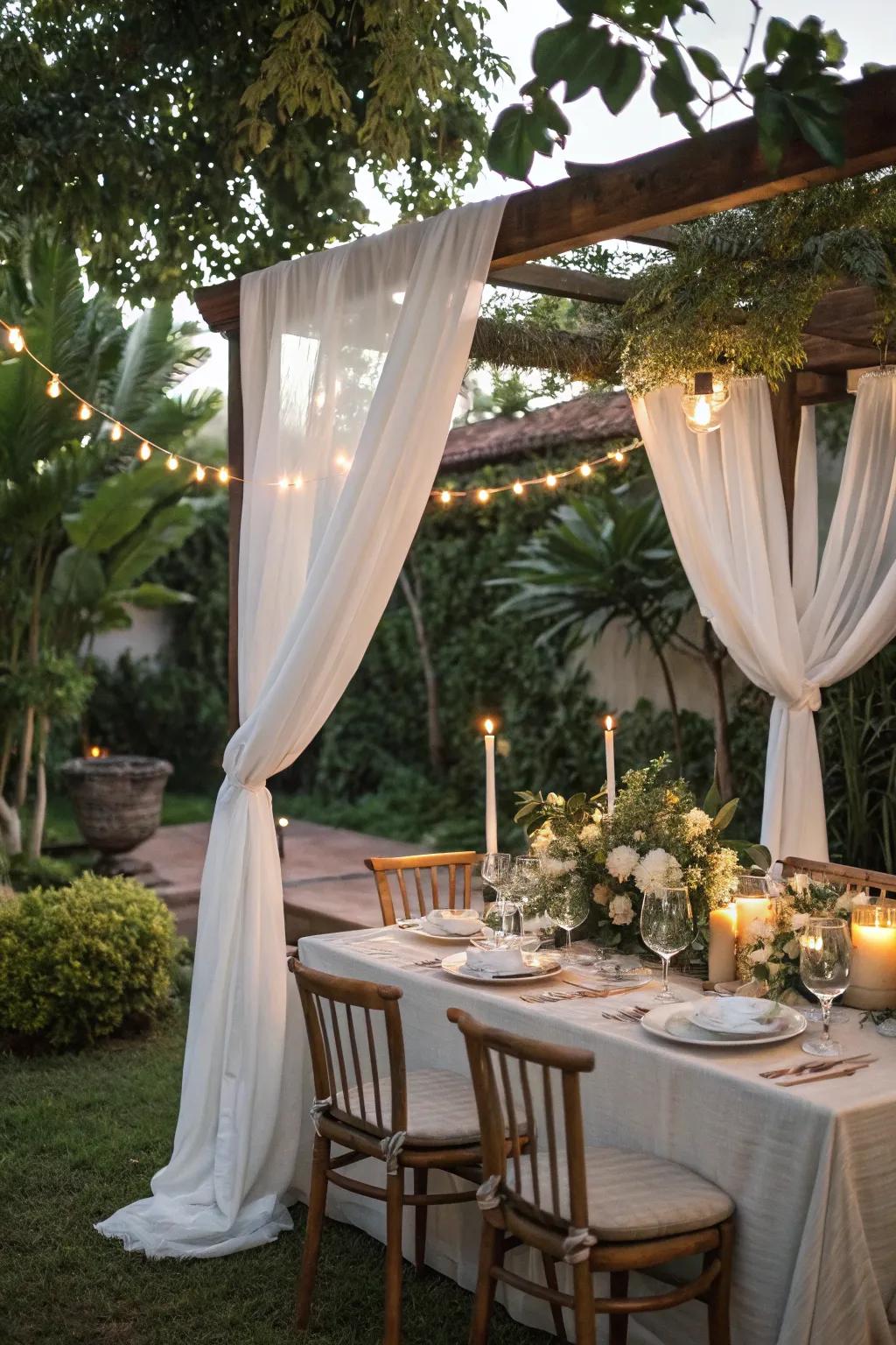 An ivory draped awning for a dreamy, intimate dining experience.