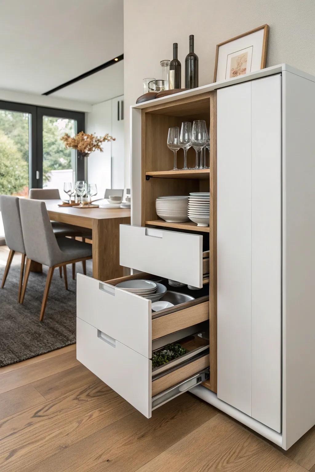 Concealed storage compartments offer a clever and neat solution.