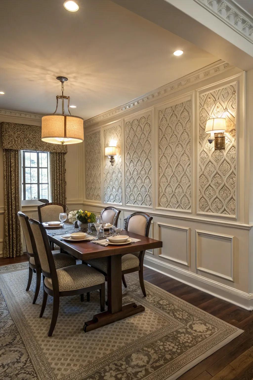 This welcoming dining room gains depth and personality from the textured panels.