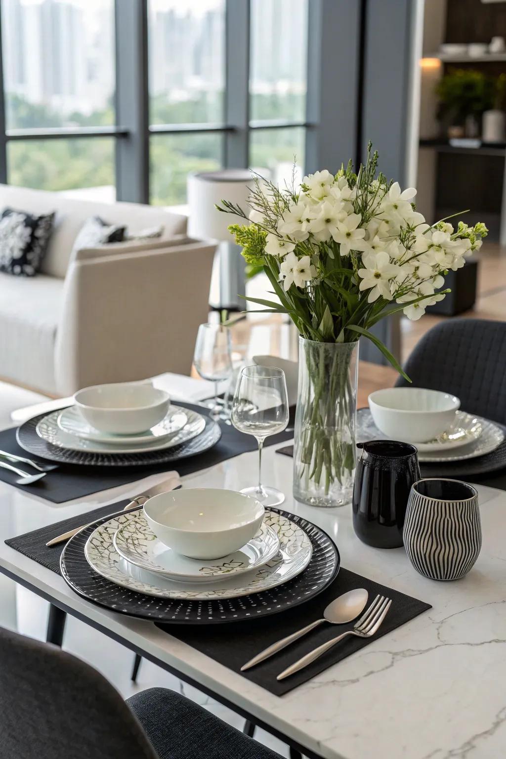 A dining table displaying a monochrome decorative theme.