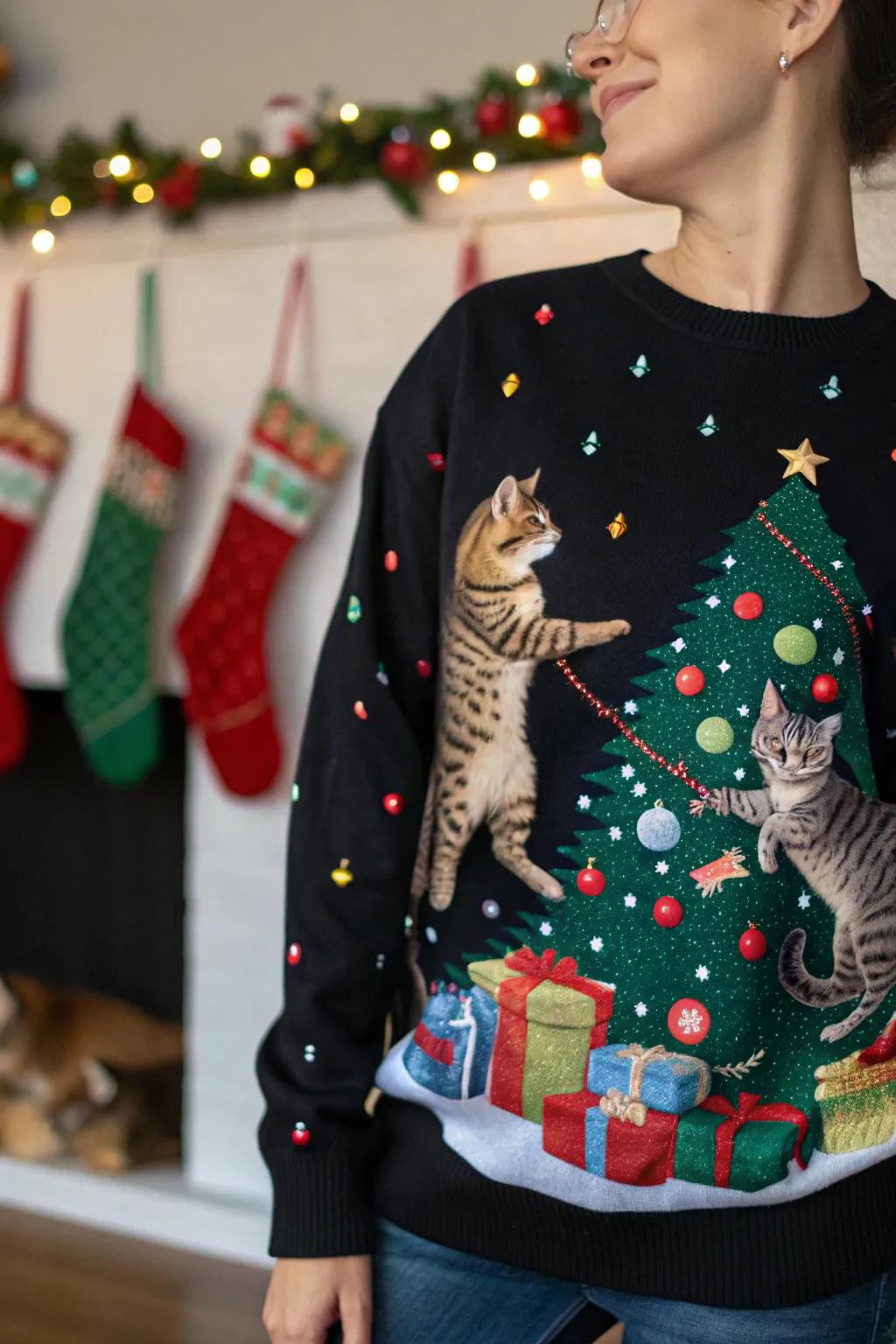 Felines precipitating festive mayhem on a playful sweater.