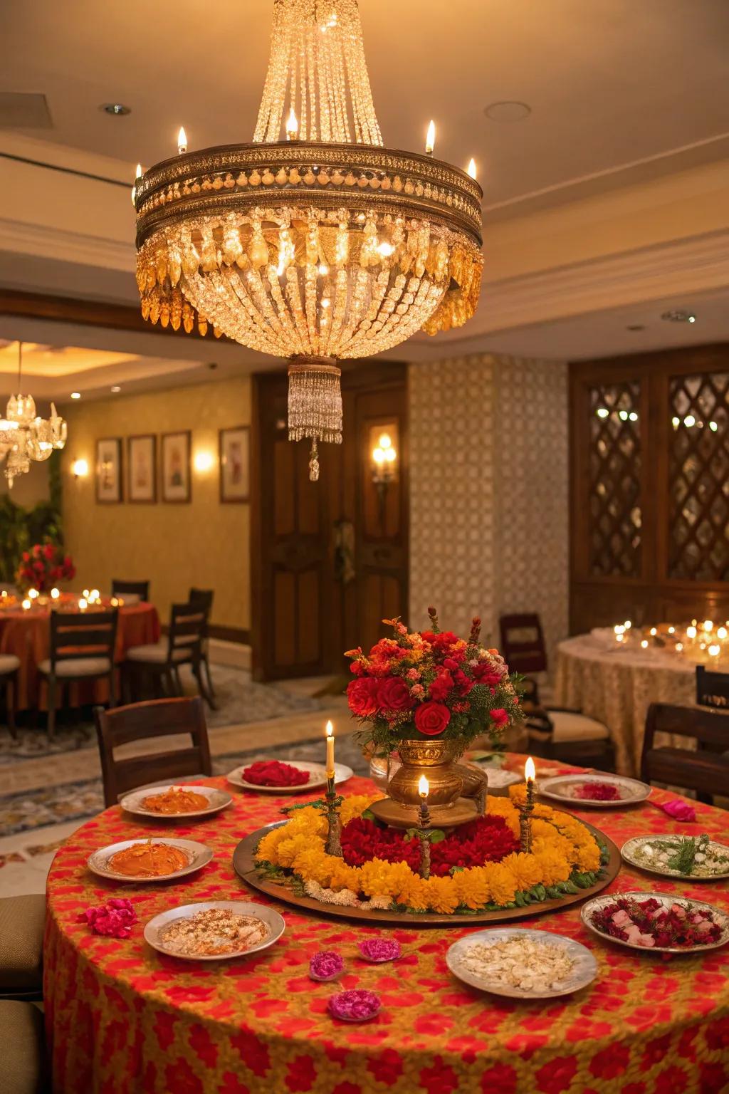 A chandelier adds opulence and grandeur.