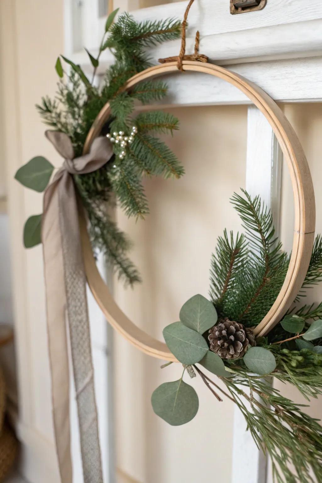 Embrace the splendor of unpretentiousness through this bespoke minimalist hoop wreath, impeccably suited for injecting a soupçon of innate sophistication into your holiday embellishments.