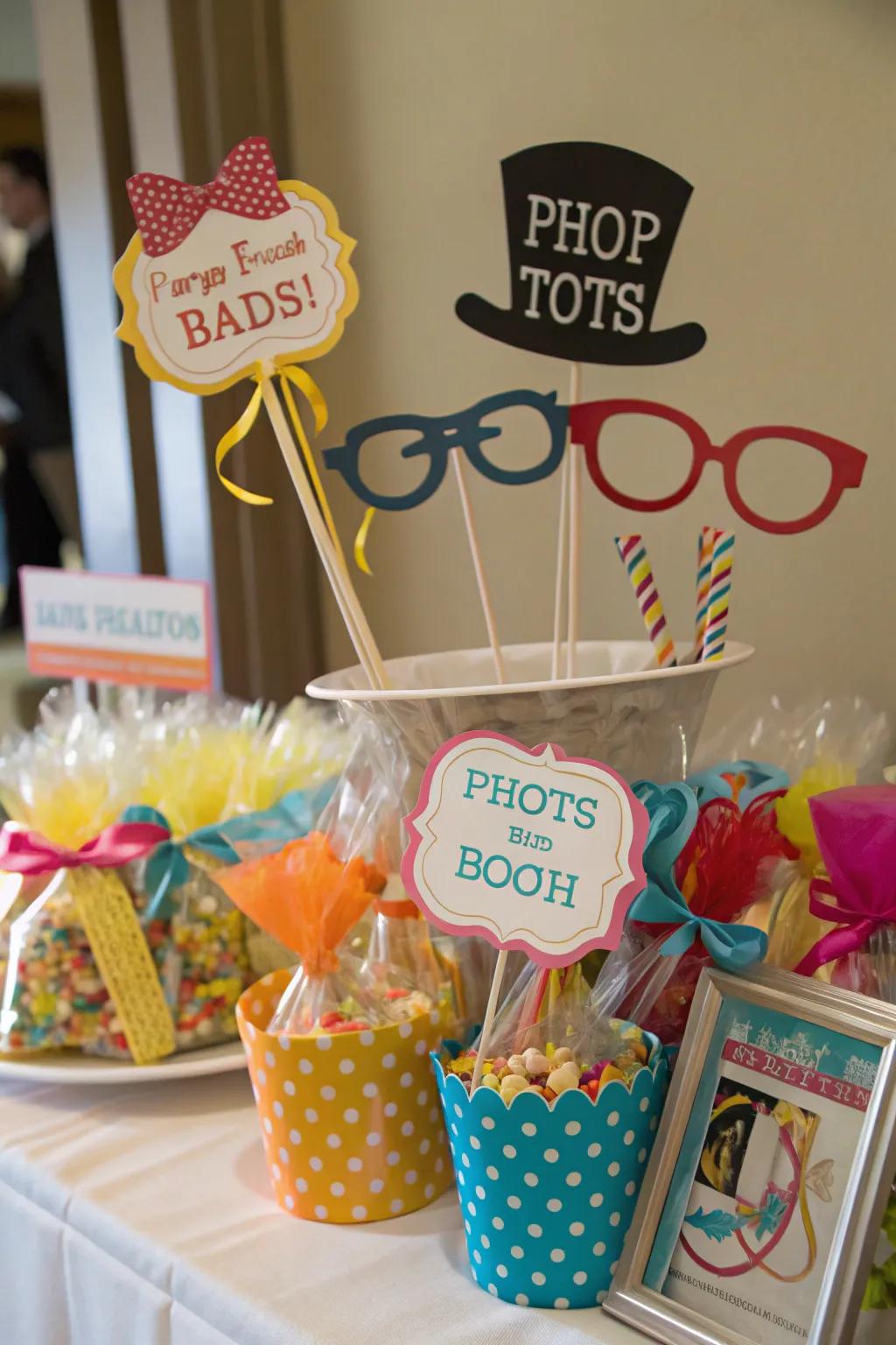 Photo booth props and treats for picture-perfect amusement.