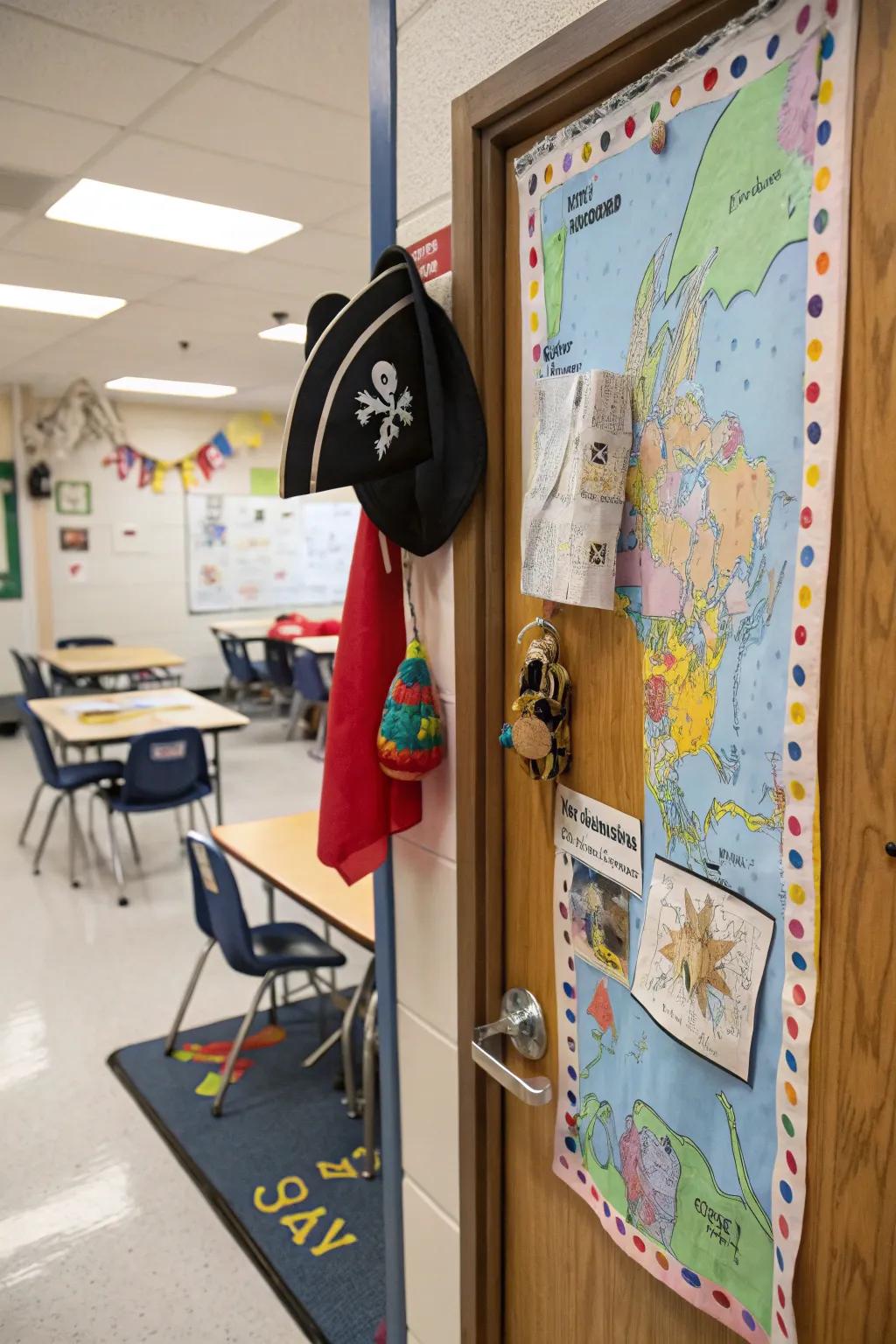 A pirate-themed doorway inviting pupils on a treasure hunt for knowledge.