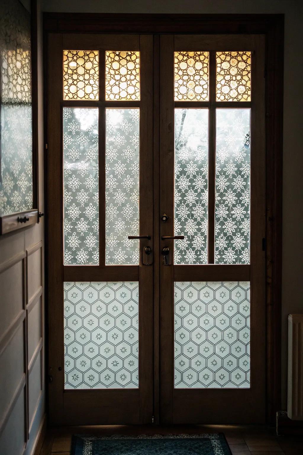 Patterned coverings add design and privacy to entryway windows without permanent changes.