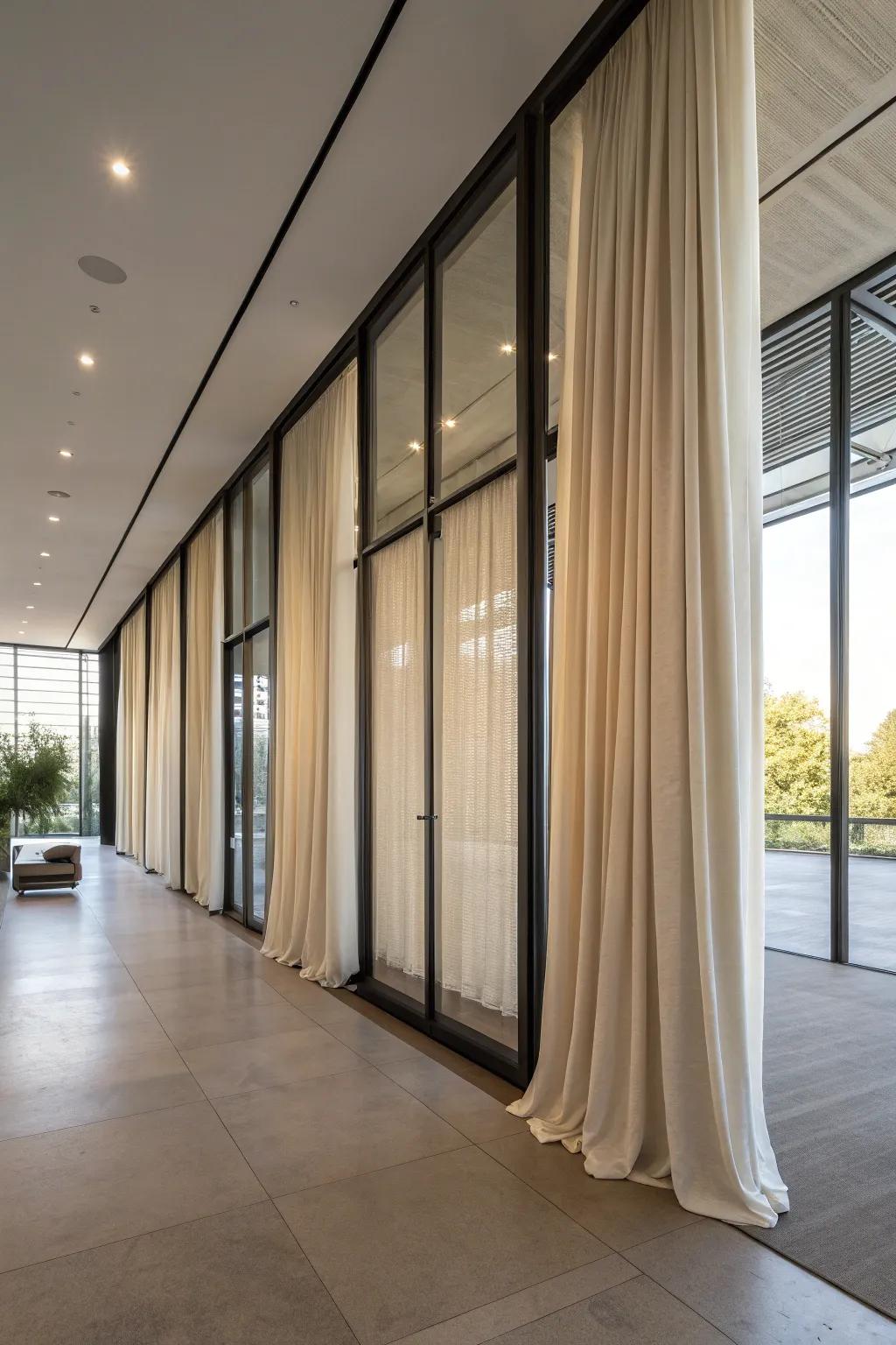 Cultivate plush partitions by utilizing gliding textile panels.