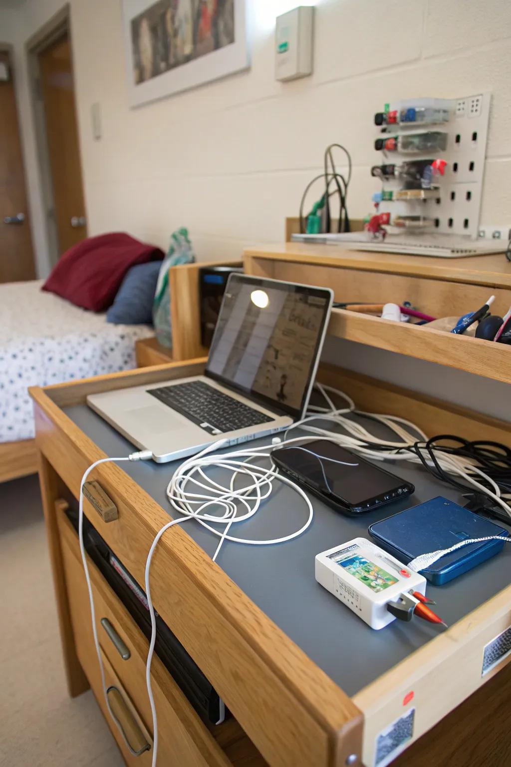Cord management sustains an organized and efficient desk.