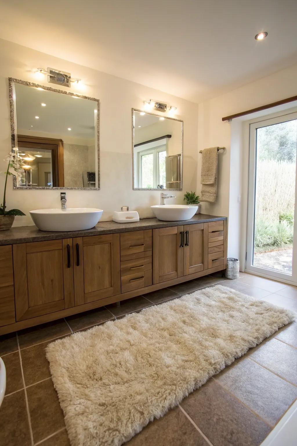 A plush rug adds warmth and comfort to this bathroom with double sinks.