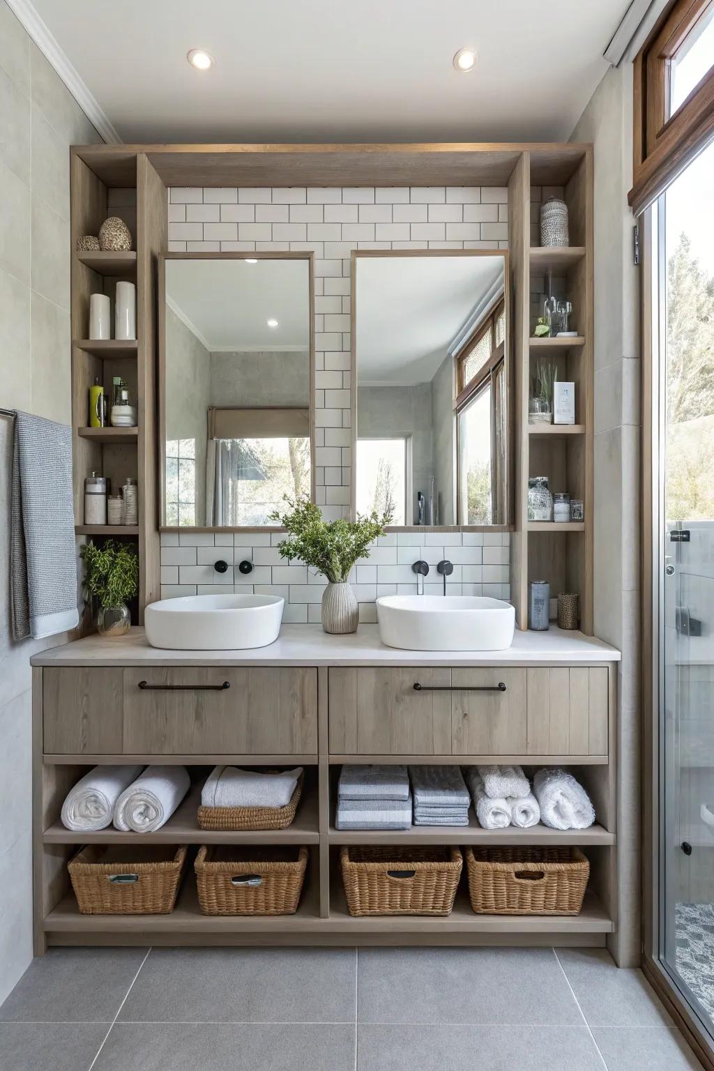 Vertical storage solutions fully utilize available space.