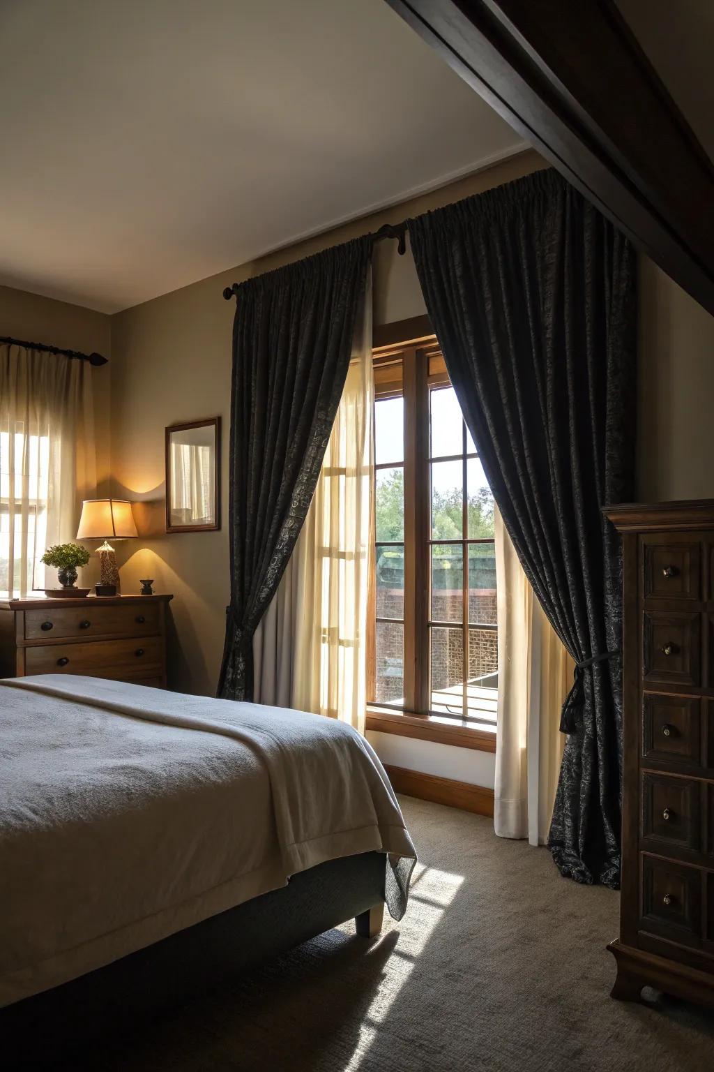 Weighty drapes enhance homeliness and contribute impressive flair.