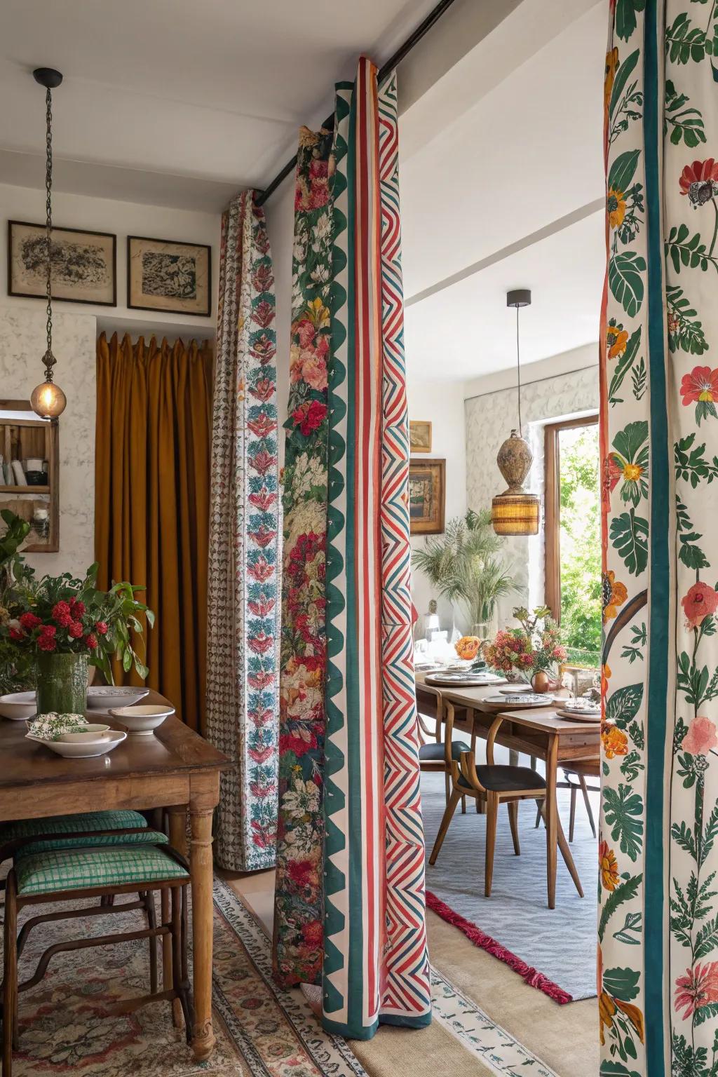 Drapes with bold patterns crafting an eclectic and vibrant dining room.