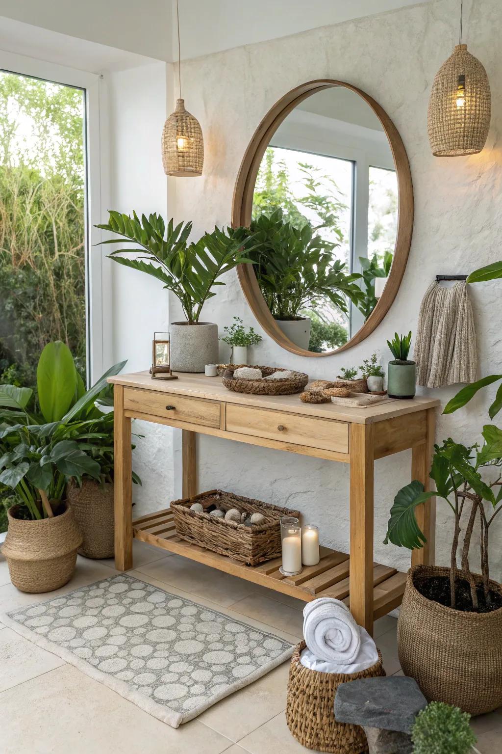 Design a soothing oasis with nature-inspired design elements.