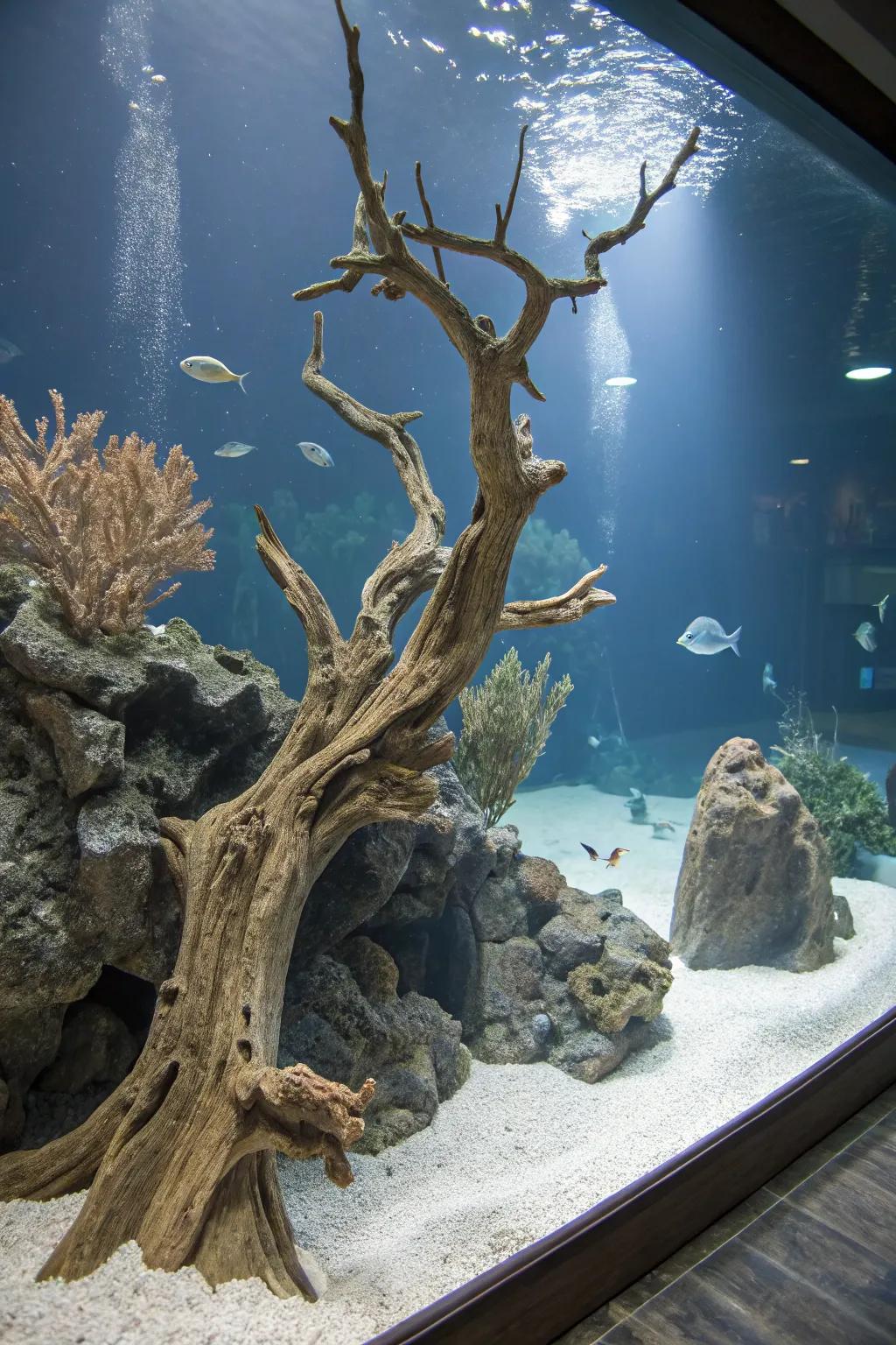 A breathtaking coral reef mimicry waterscape featuring branching aquatic wood.