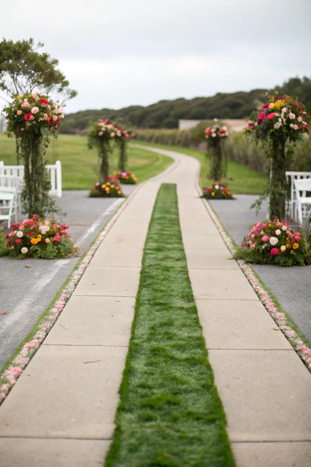 A ribbon driveway introduces color and character with its central strip.