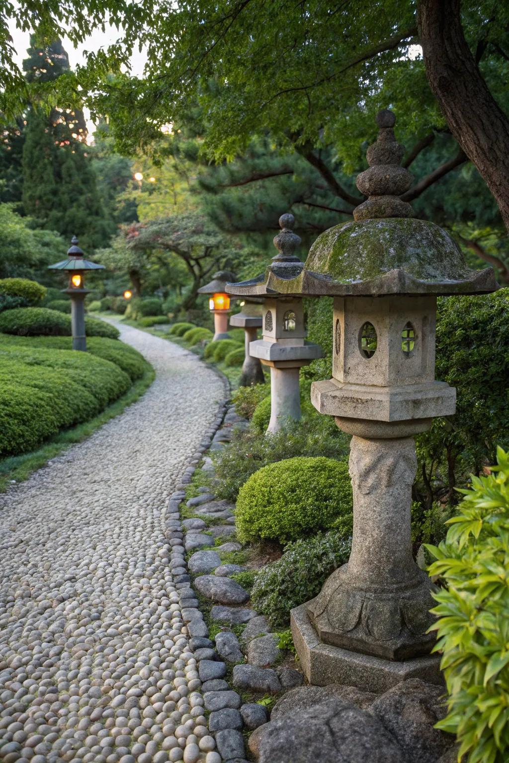 An enchanting pebble path illuminated by warm stone lanterns.