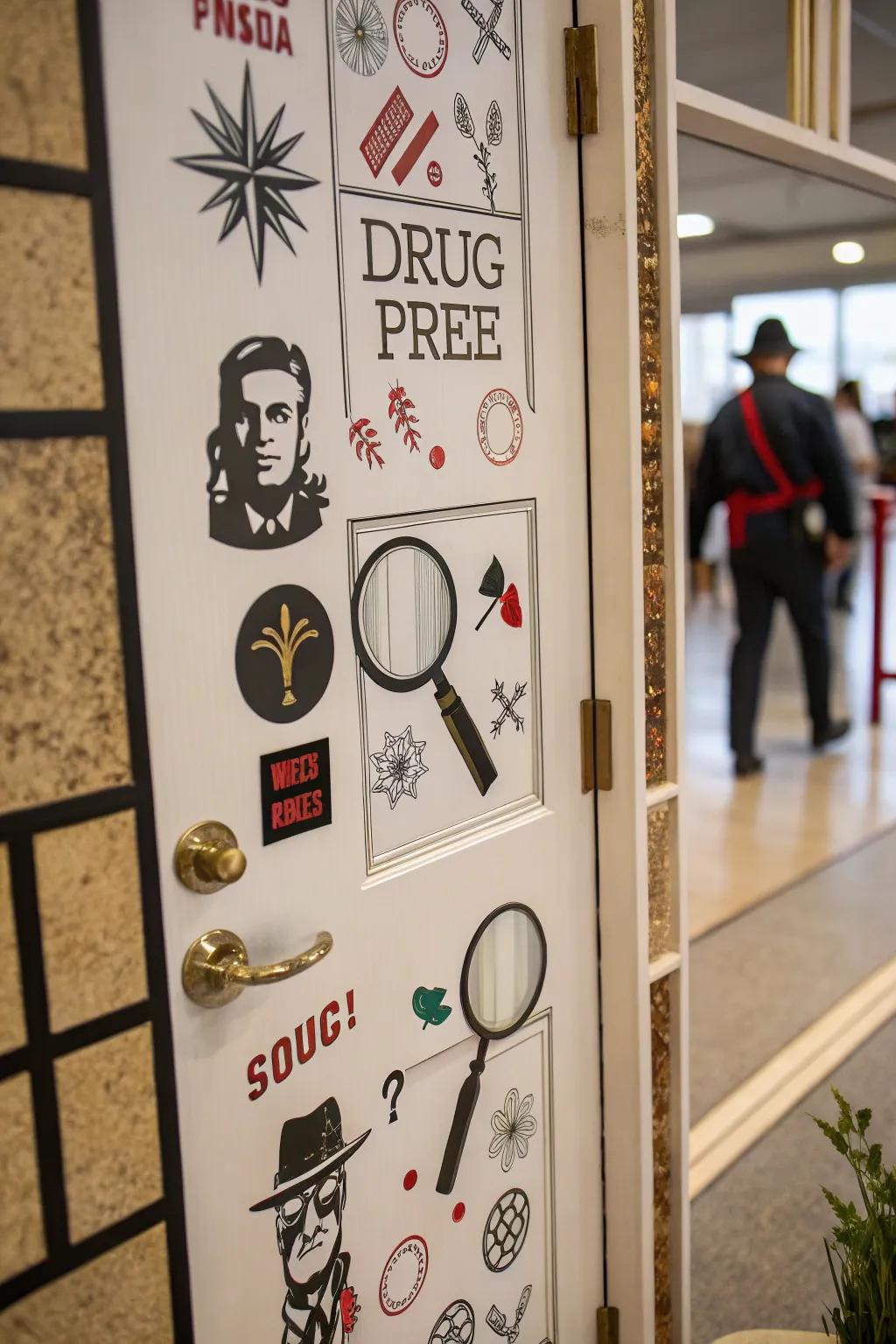 A spy-themed door encouraging a substance-free mission.