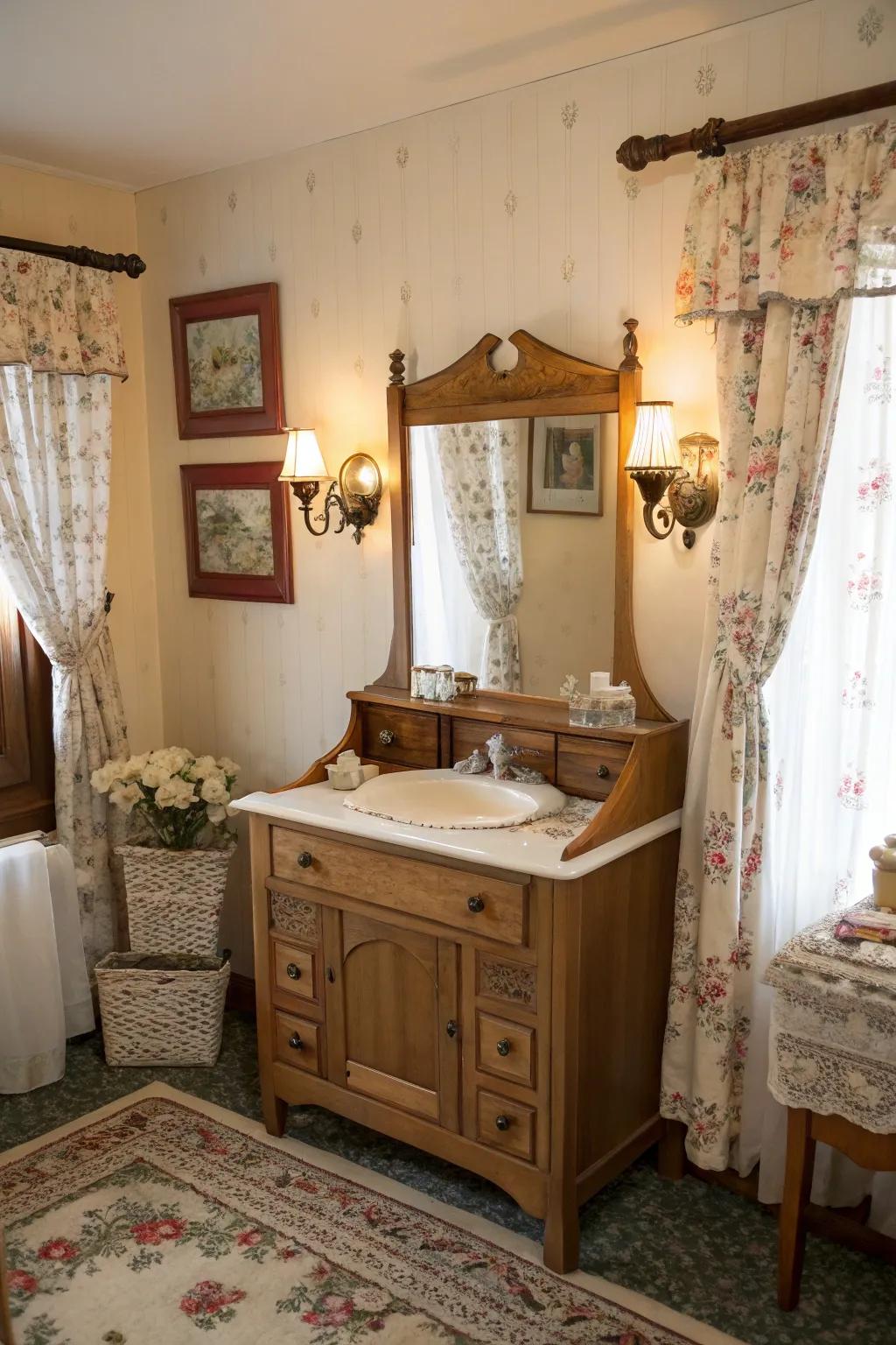 A classic reclaimed storage unit becomes a charming vanity with a mirror.