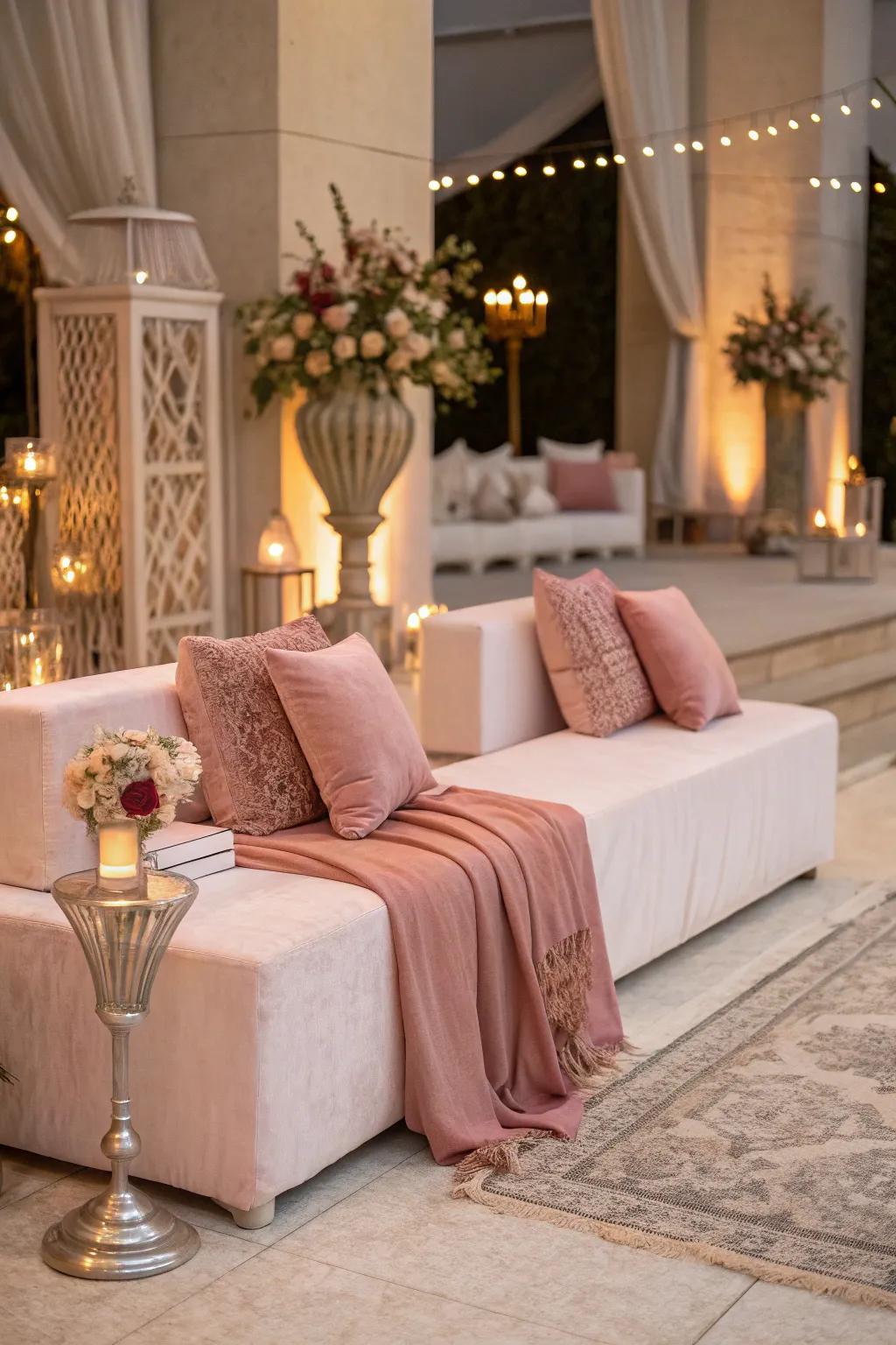 Cozy lounge area featuring rosewood blush accents.