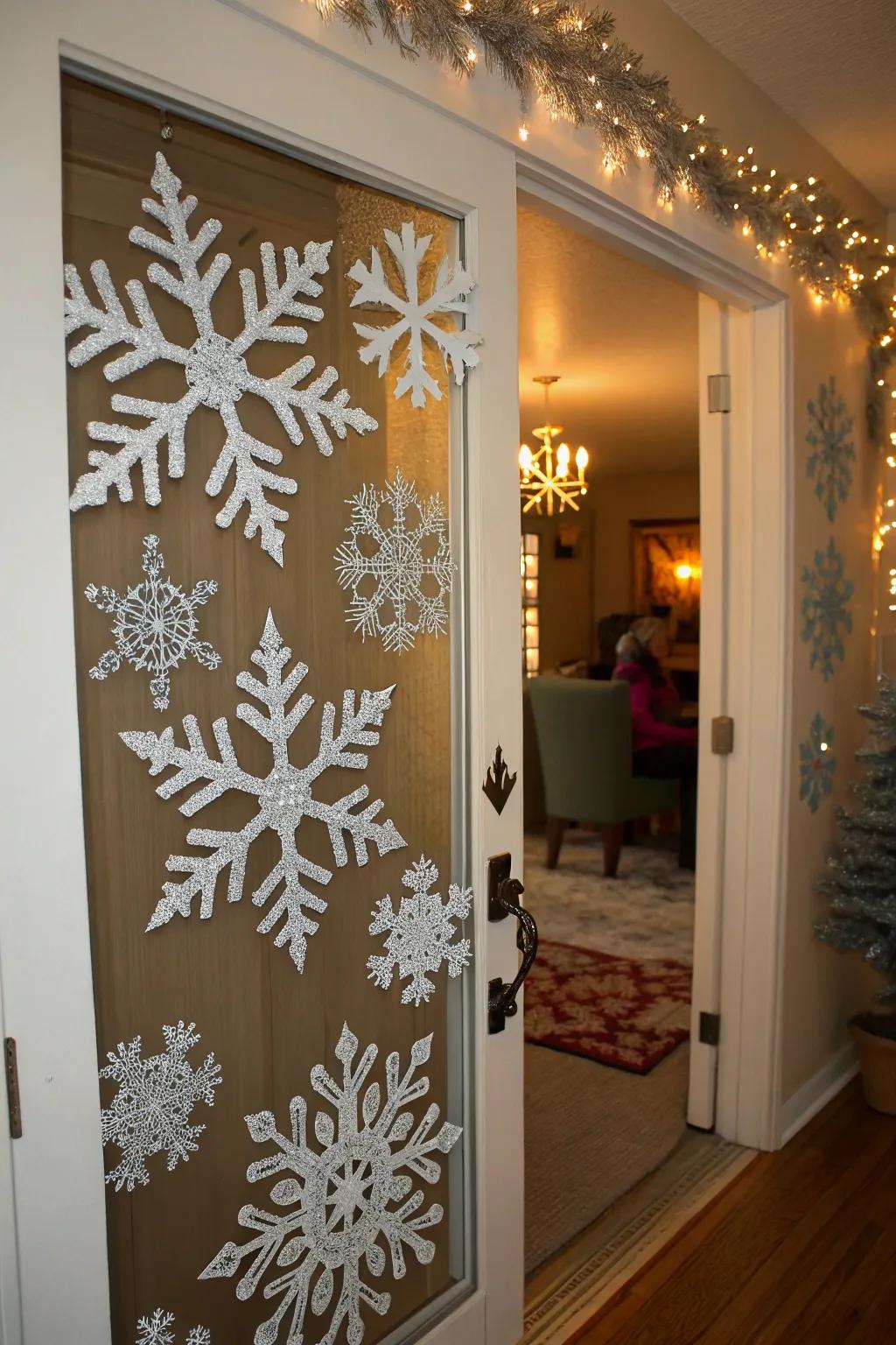 Frigid precipitation accents introduce a sparkling wintery accent to any door.