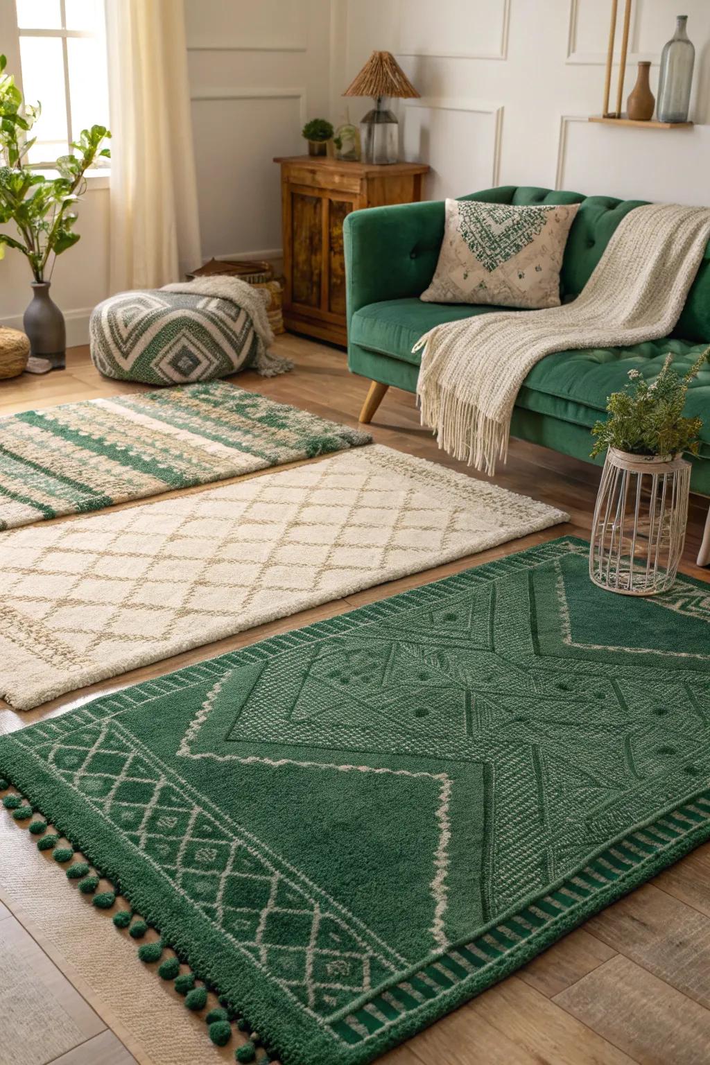 Positioned rugs in different deep green patterns enhance comfort and visual excitement.