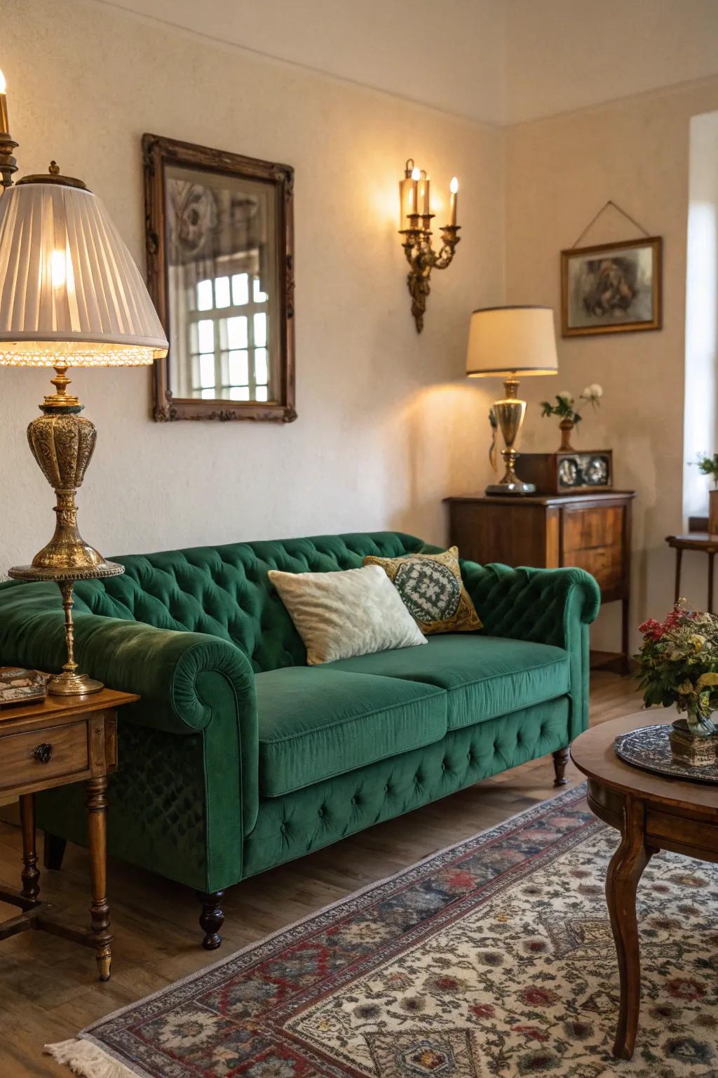 Vintage touches add charm to the deep-green couch setting.