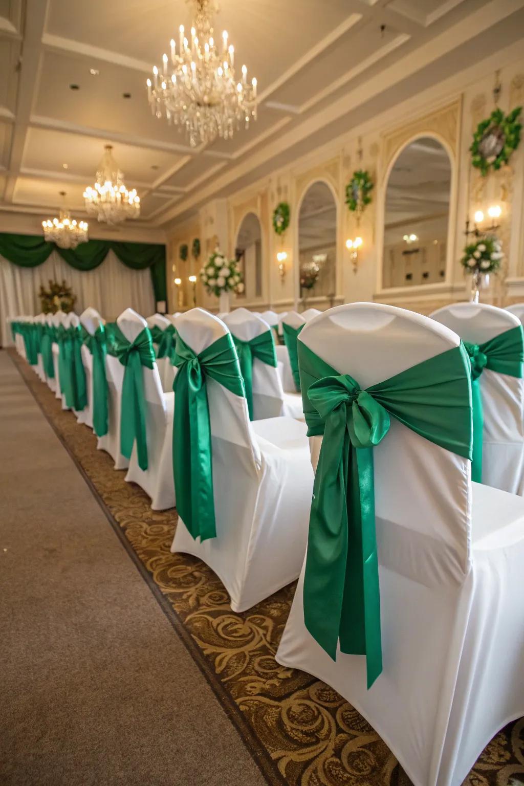 Chic chairs adorned with emerald green ribbons.