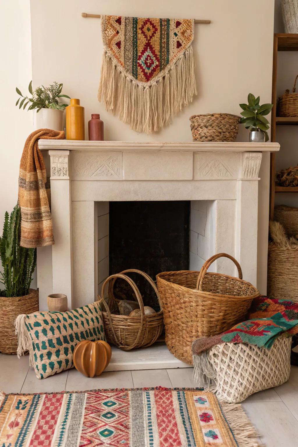 Incorporate bohemian aesthetics by adding textiles in your fireplace.