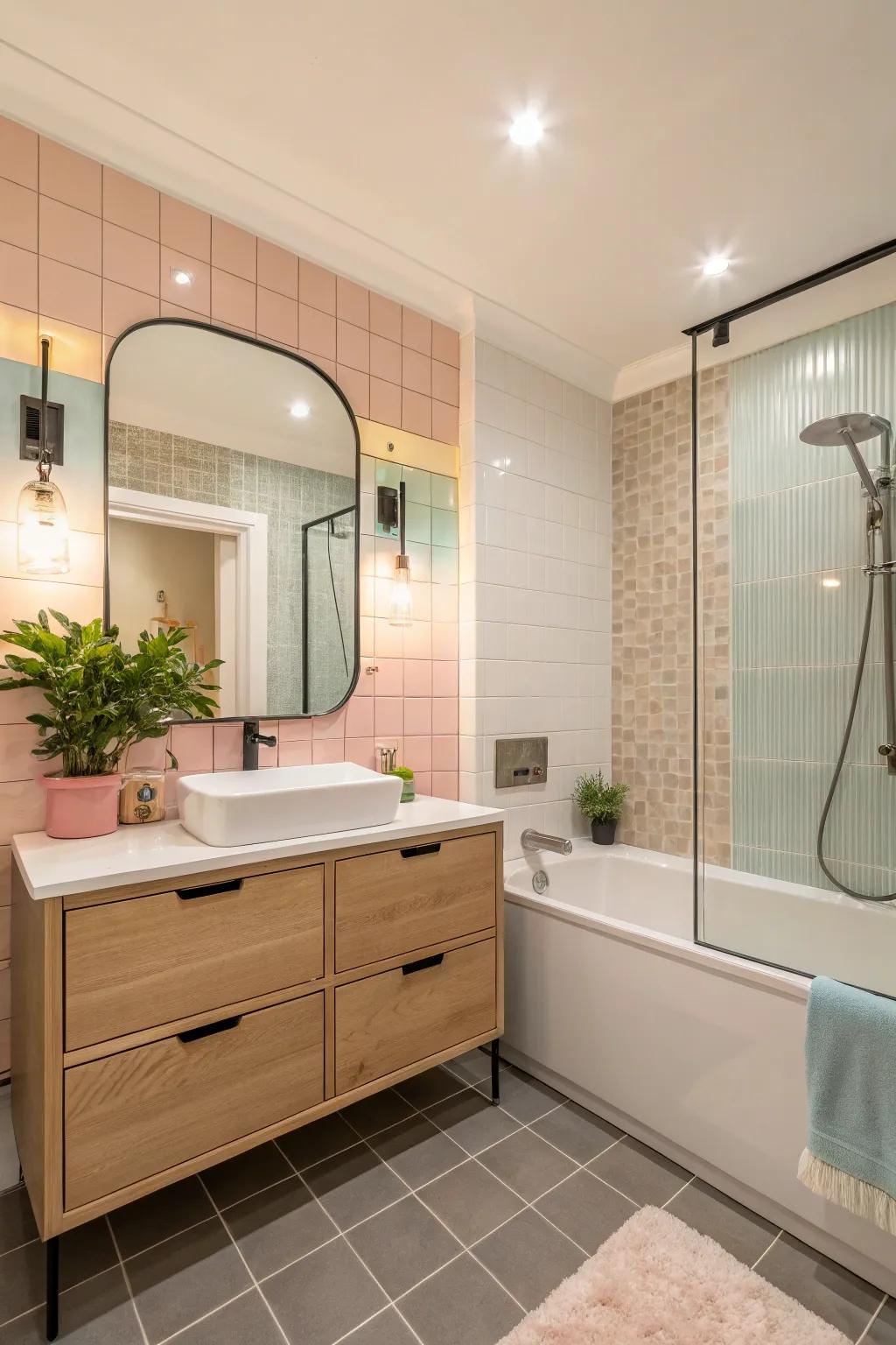 Surrounding lights set just the right mood inside an attached bathroom.