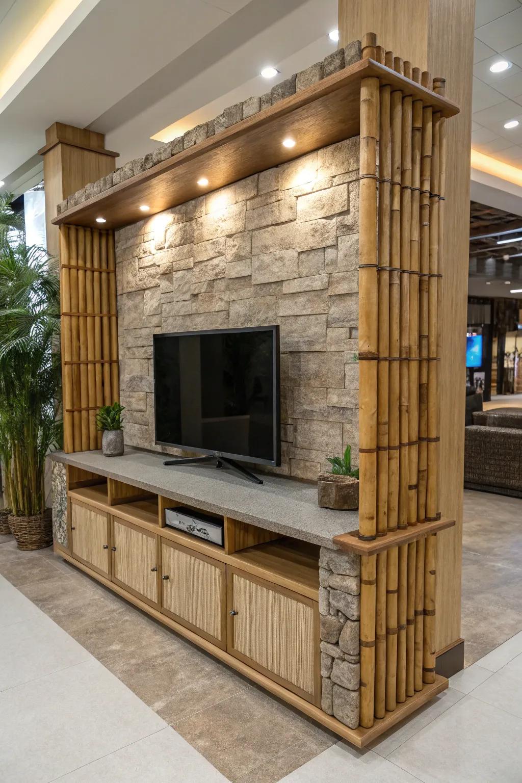 An entertainment center with a natural and tranquil aesthetic.